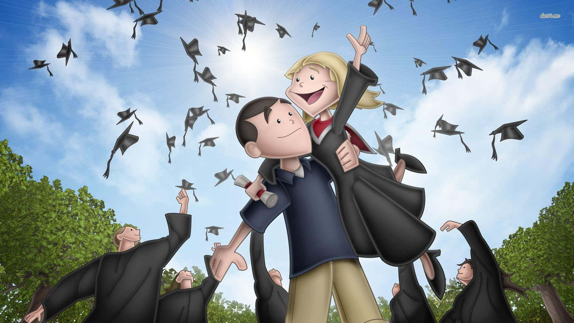 Graduation 桌布 壁紙 — 兩位快樂的畢業生在晴朗藍天和蓬鬆白雲下，將帽子拋向天空慶祝。