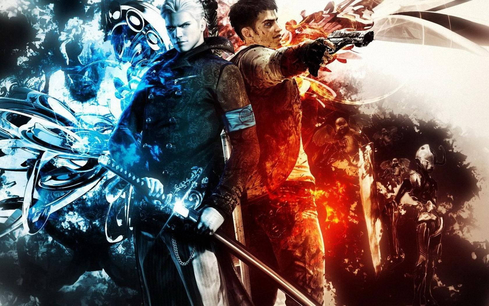 Devil May Cry 5 桌布 壁紙 — 兩位戰士在熾熱與冰冷的超自然戰鬥中碰撞，手持發光武器對抗惡魔敵人，構成戲劇性的數位藝術場景。