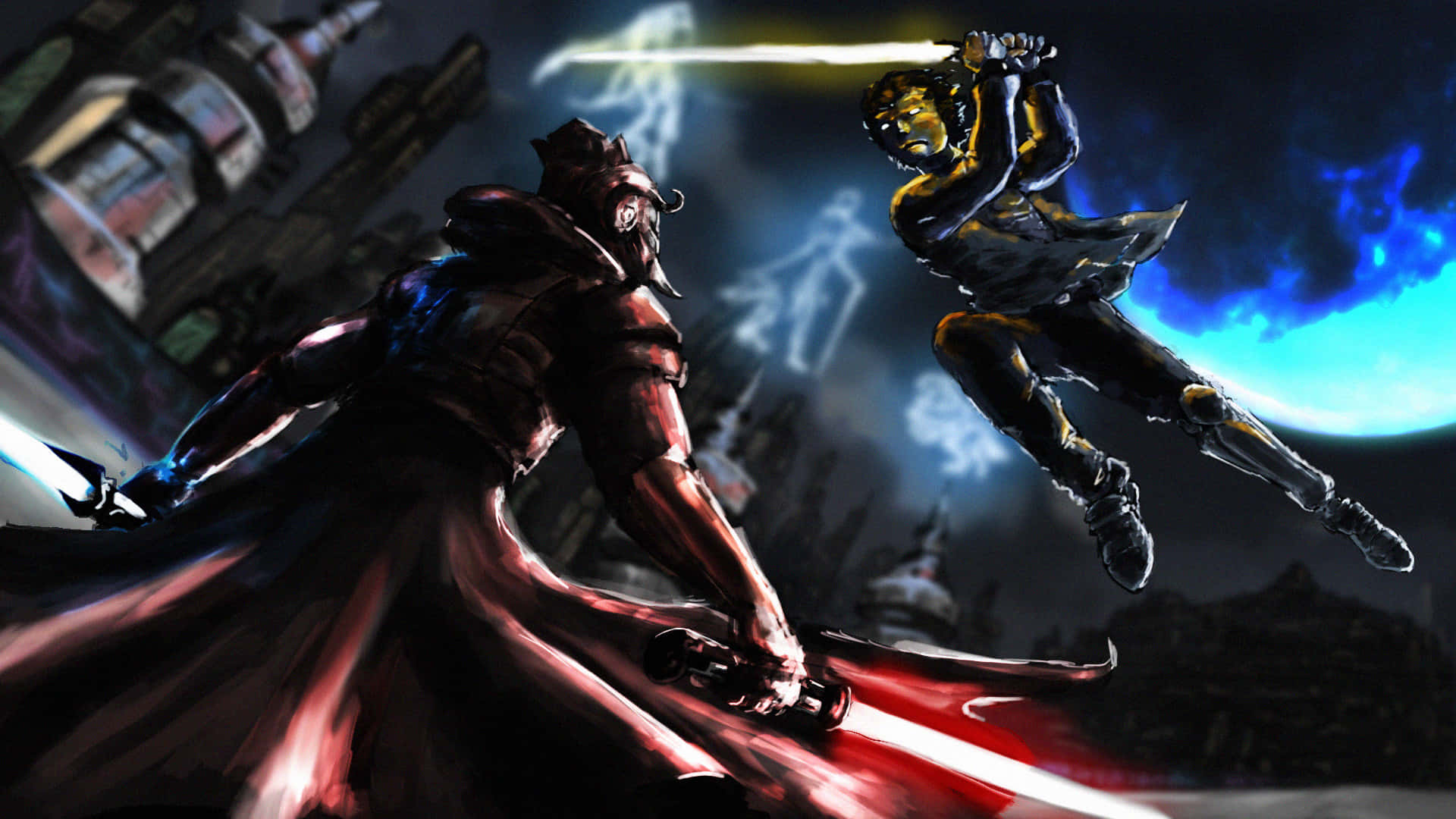 Lightsaber Duels 桌布 壁紙 — 兩位戰士在黑暗宇宙背景下，藍色月亮旁，手持發光劍進行動態戰鬥。