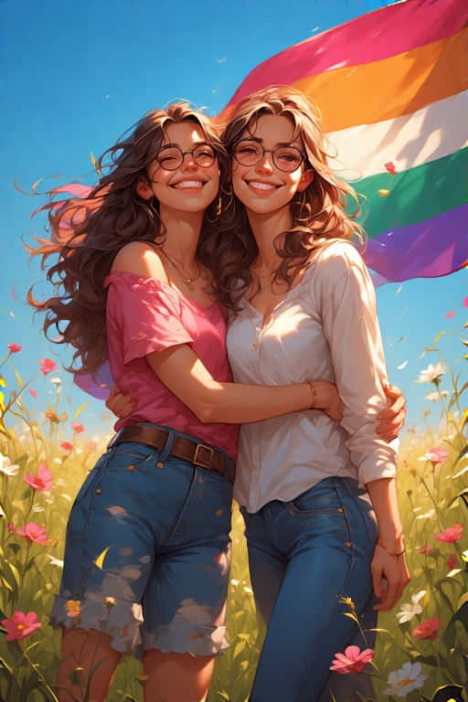 Lesbian Couple Embracing with Pride Flag – Joyful 4K 壁紙 — 兩位戴眼鏡的快樂女性在陽光明媚的野花田裡擁抱，身後飄揚著彩虹旗。