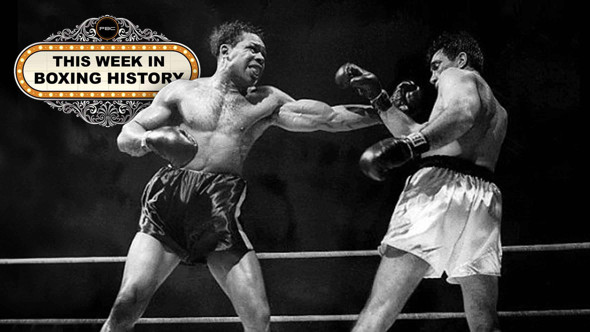 Boxing 桌布 壁紙 — 兩位拳擊手在明亮的聚光燈下，以黑白戲劇性的擂台場景碰撞，並帶有復古的跑馬燈文字。