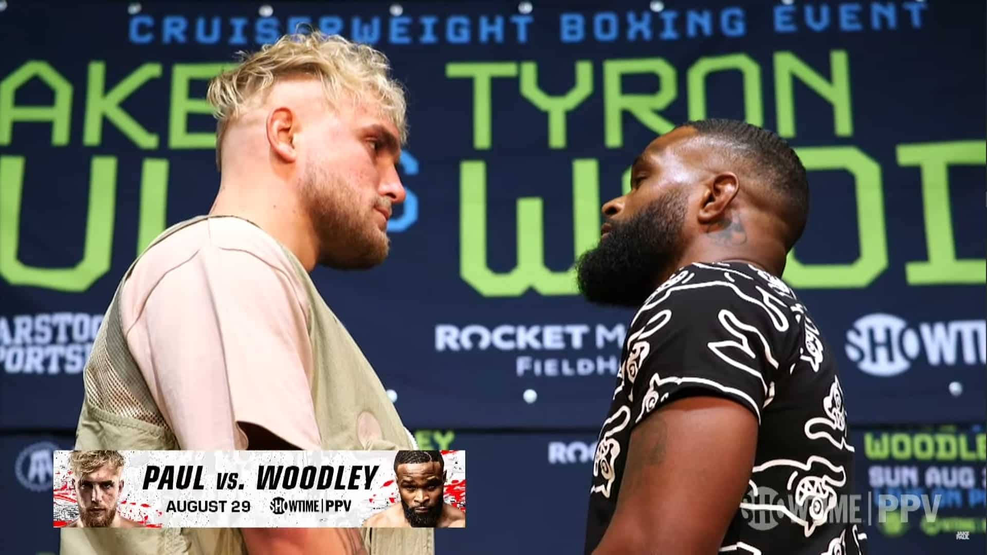 Tyron Woodley 桌布 壁紙 — 兩位拳擊手在次重量級拳擊賽事記者會上，於賽前緊張對峙。