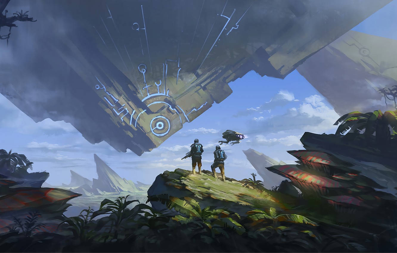 Sci Fi Landscape 桌布 壁紙 — 兩位探險家站在茂密的懸崖上，仰望一座帶有發光藍色符號的巨大漂浮廢墟。