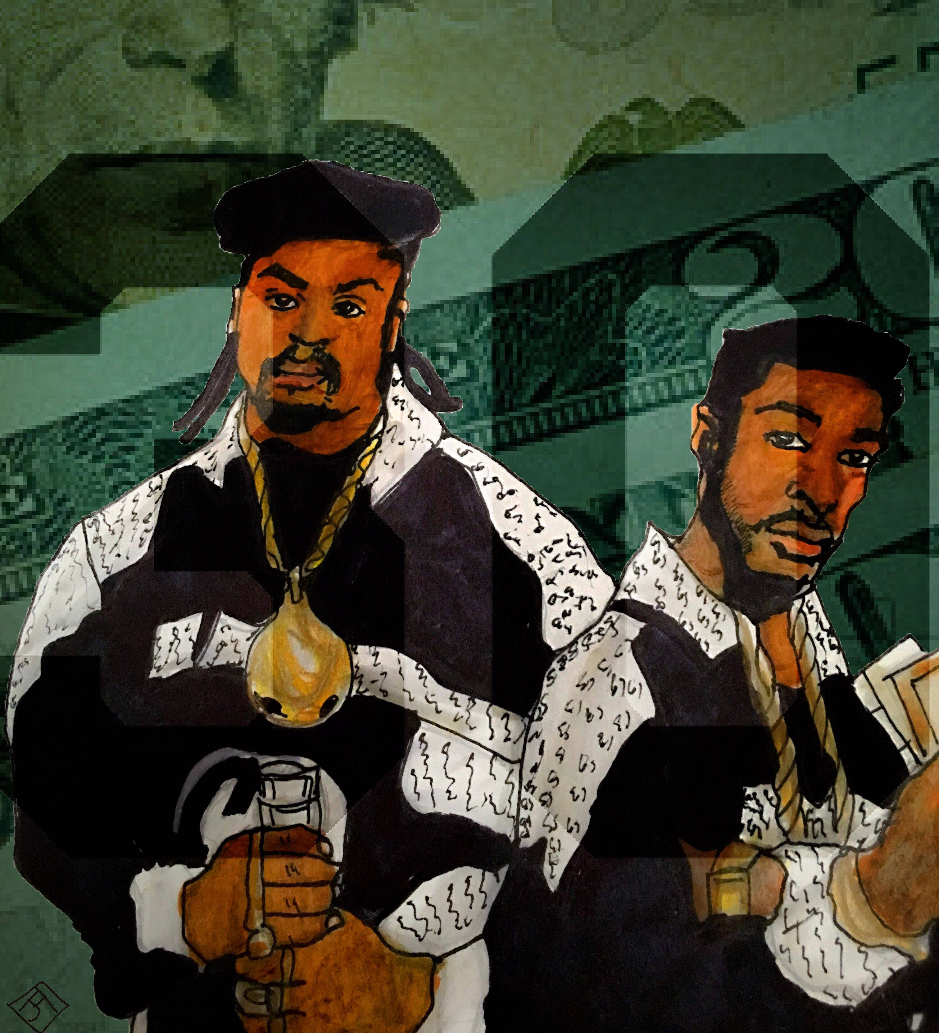 Rappers 桌布 壁紙 — 兩位插圖中的男士穿著時尚服裝，站在帶有幾何圖案的風格化綠色城市背景前。