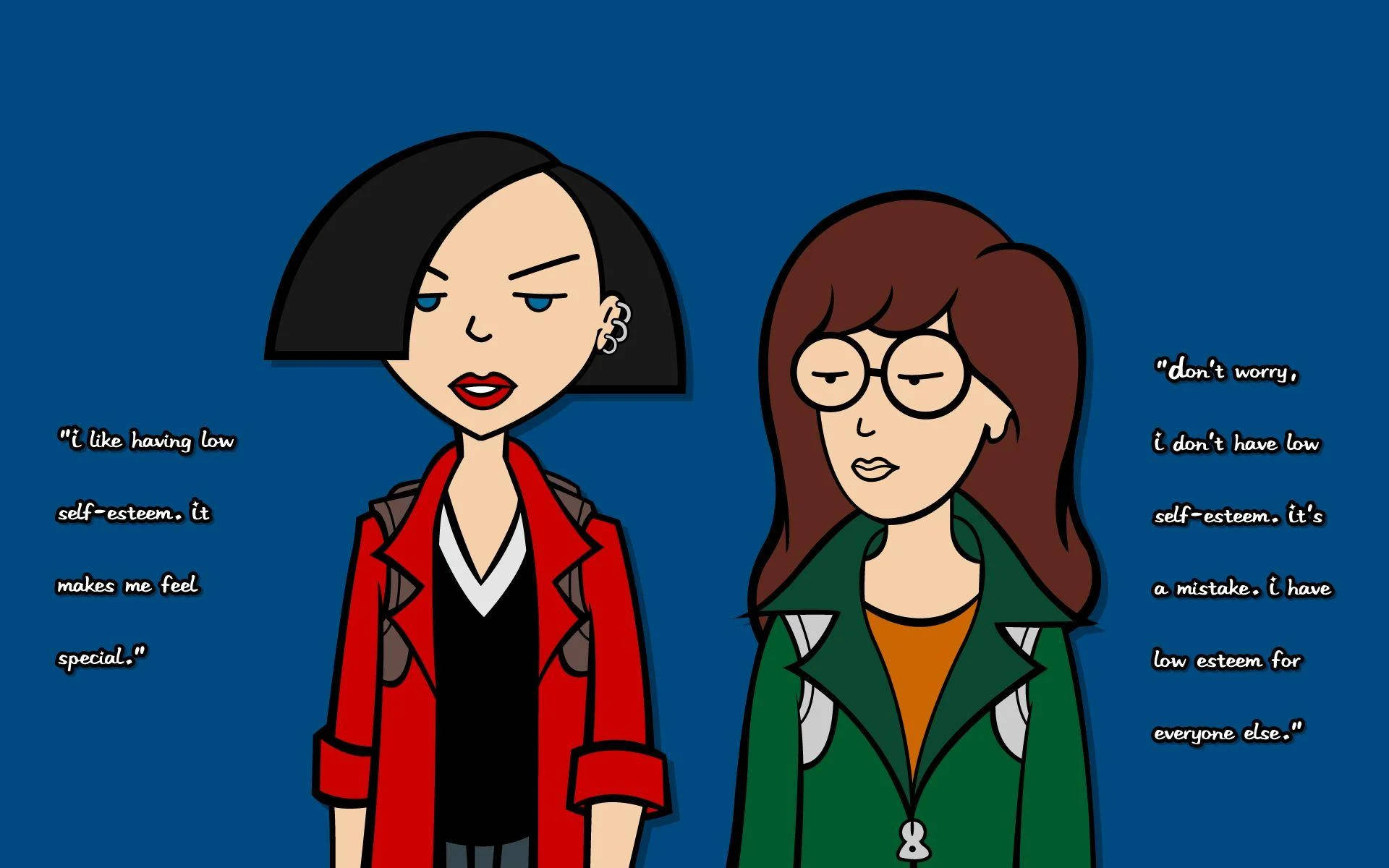 Daria 桌布 壁紙 — 兩位插圖女性並排站在藍色背景前，一位身穿紅色外套，表情挑釁，另一位身穿綠色外套，戴著眼鏡，兩者展示對比的自尊名言。