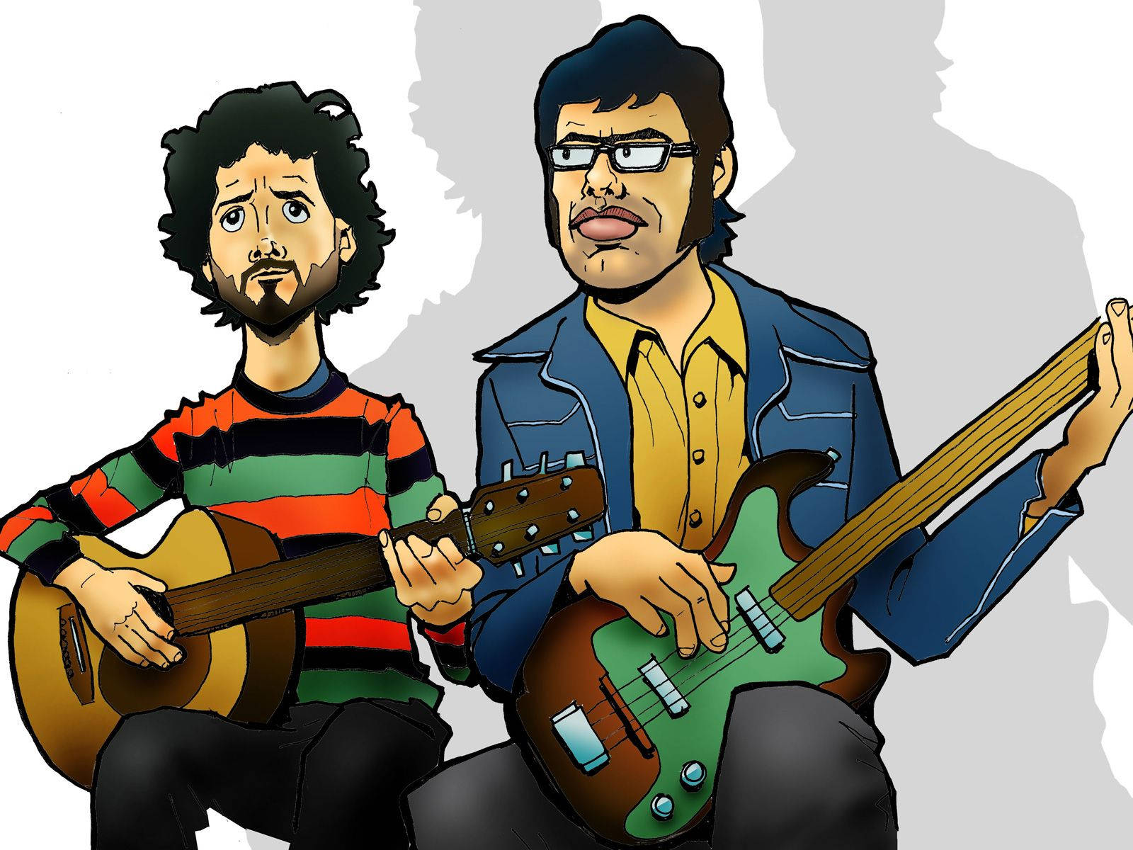 Flight Of The Conchords 桌布 壁紙 — 兩位插圖音樂家，一位捲髮彈奏原聲吉他，另一位戴眼鏡彈奏綠色貝斯吉他，背景簡潔。