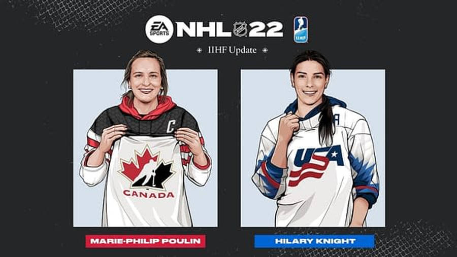 運動 桌布 壁紙 — 兩位插圖風格的冰球運動員 Marie-Philip Poulin 和 Hilary Knight 身穿國家隊球衣，在帶有 NHL 22 品牌標誌的深色背景前擺姿勢。