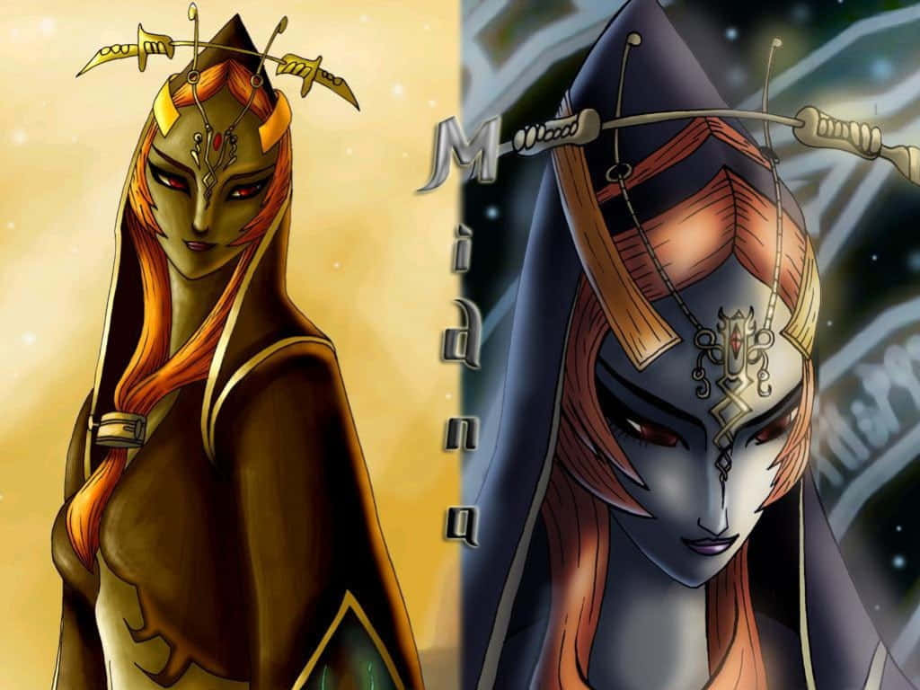 The Legend Of Zelda Midna 桌布 壁紙 — 兩位插畫風格的奇幻女性，戴著華麗頭飾，眼睛發光，並肩站在對比鮮明的金色和星空背景前。