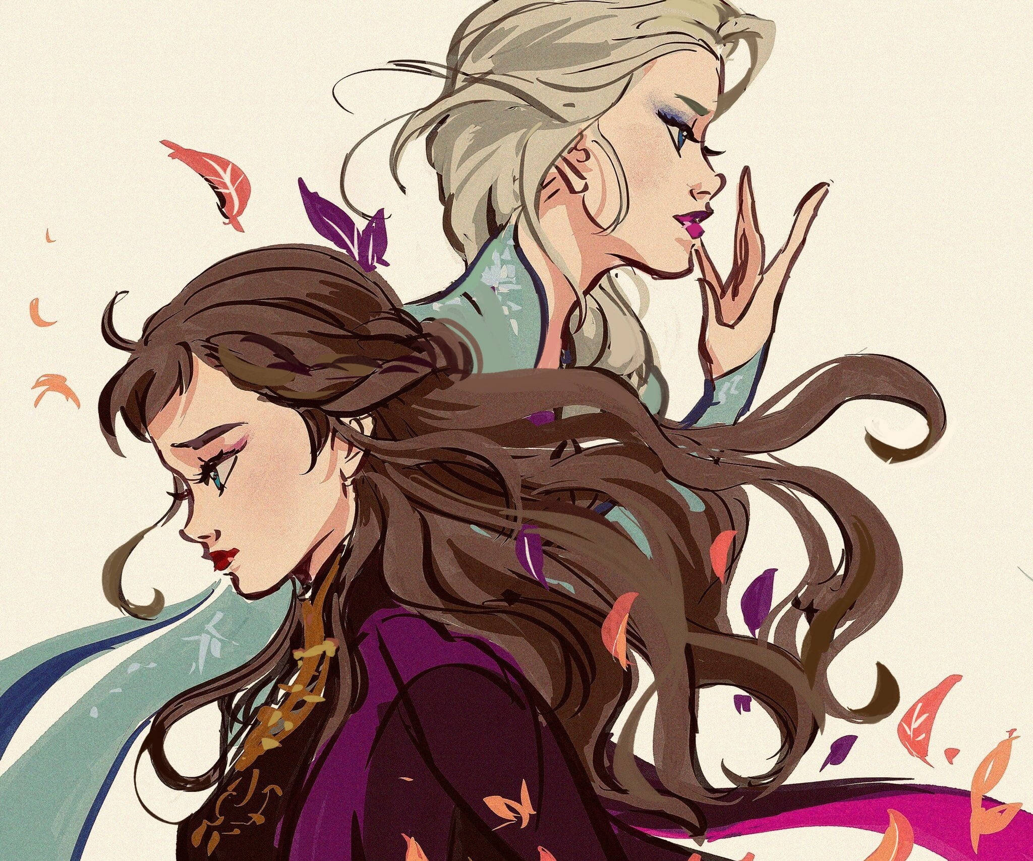 anna 桌布 壁紙 — 兩位插畫風格的女性，飄逸的頭髮和秋天的樹葉在她們周圍旋轉，形成風格化的藝術構圖。