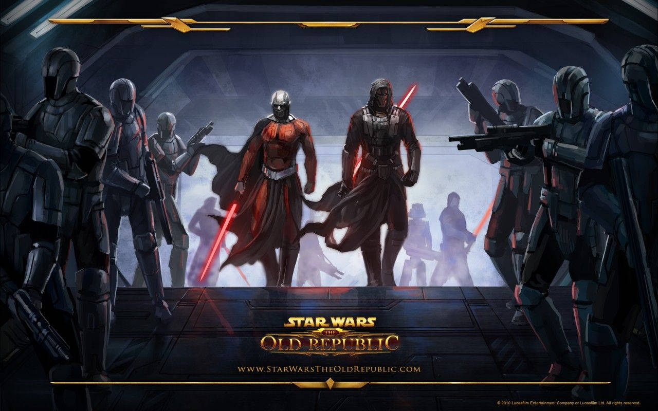 Swtor 桌布 壁紙 — 兩位揮舞紅色光劍的西斯尊主站在中央，兩側是裝甲士兵，身處黑暗的未來風格房間。