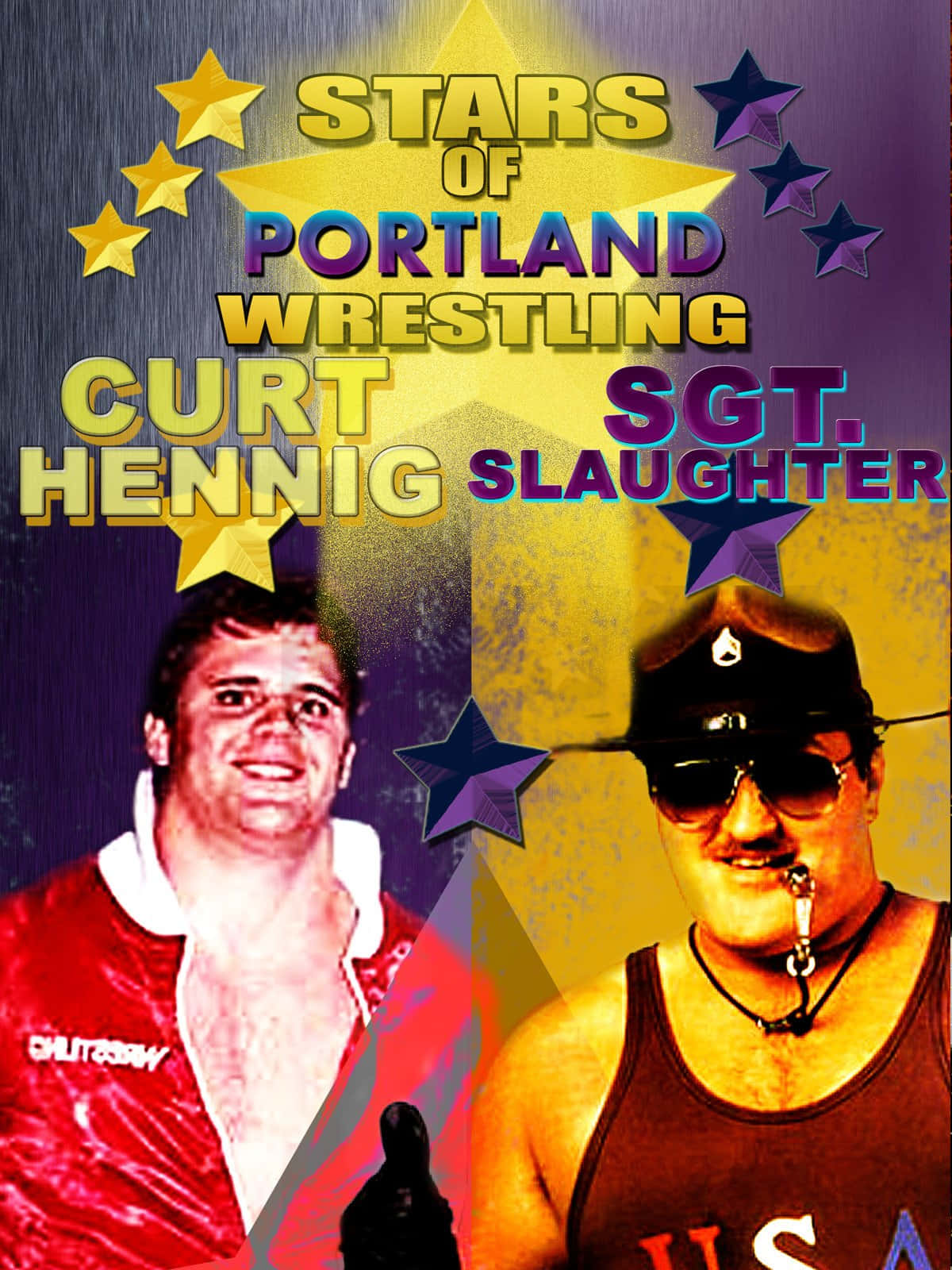 摔角 桌布 壁紙 — 兩位摔角傳奇人物 Curt Hennig 和 Sgt Slaughter 在佈滿星星的黃色和紫色背景前擺姿勢，並以粗體文字宣示「Stars of Portland Wrestling」。