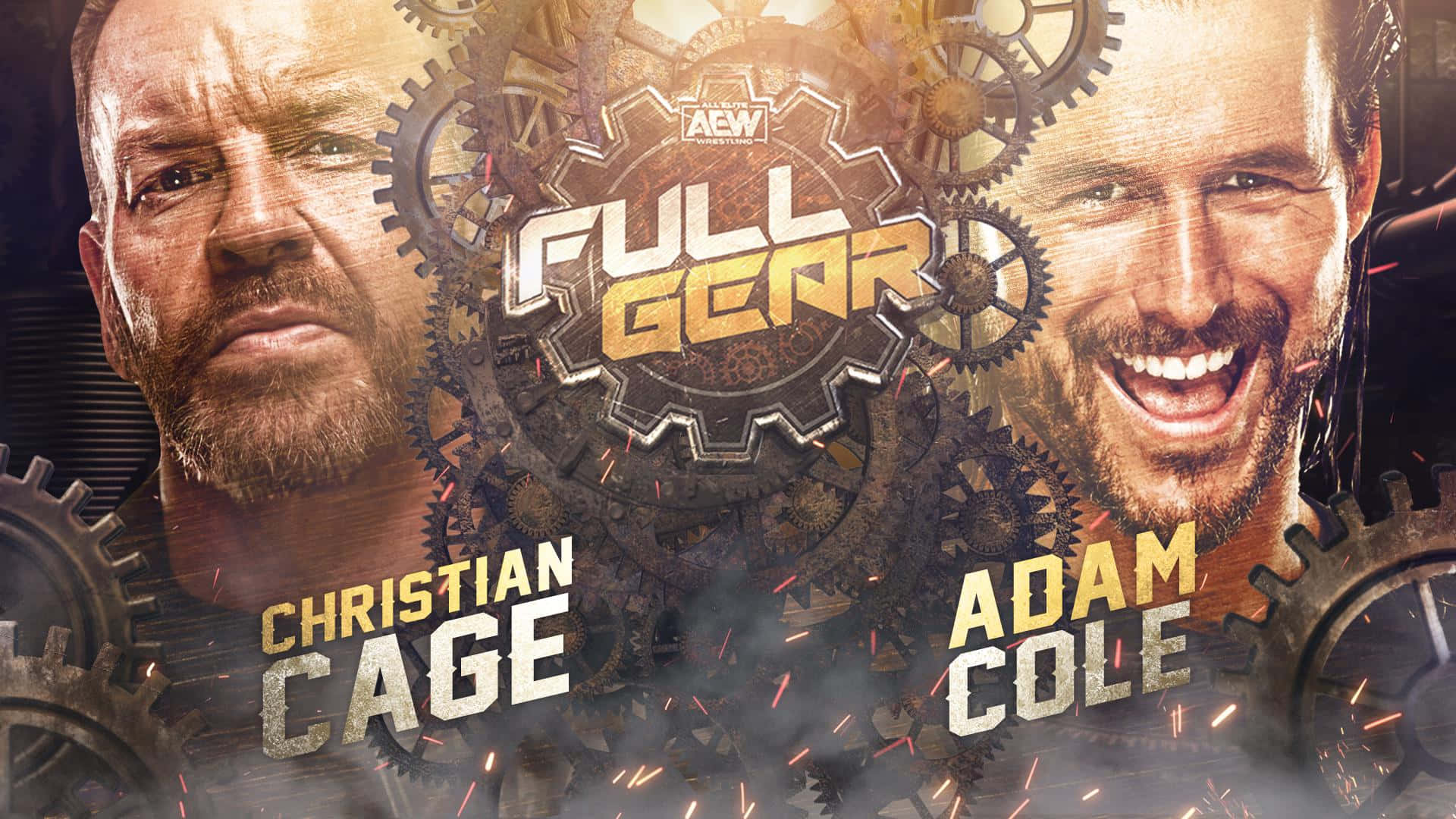 iPhone 桌布 壁紙 — 兩位摔角手 Christian Cage 和 Adam Cole 在蒸氣龐克齒輪和火花的背景下對峙，為 AEW Full Gear 做準備。