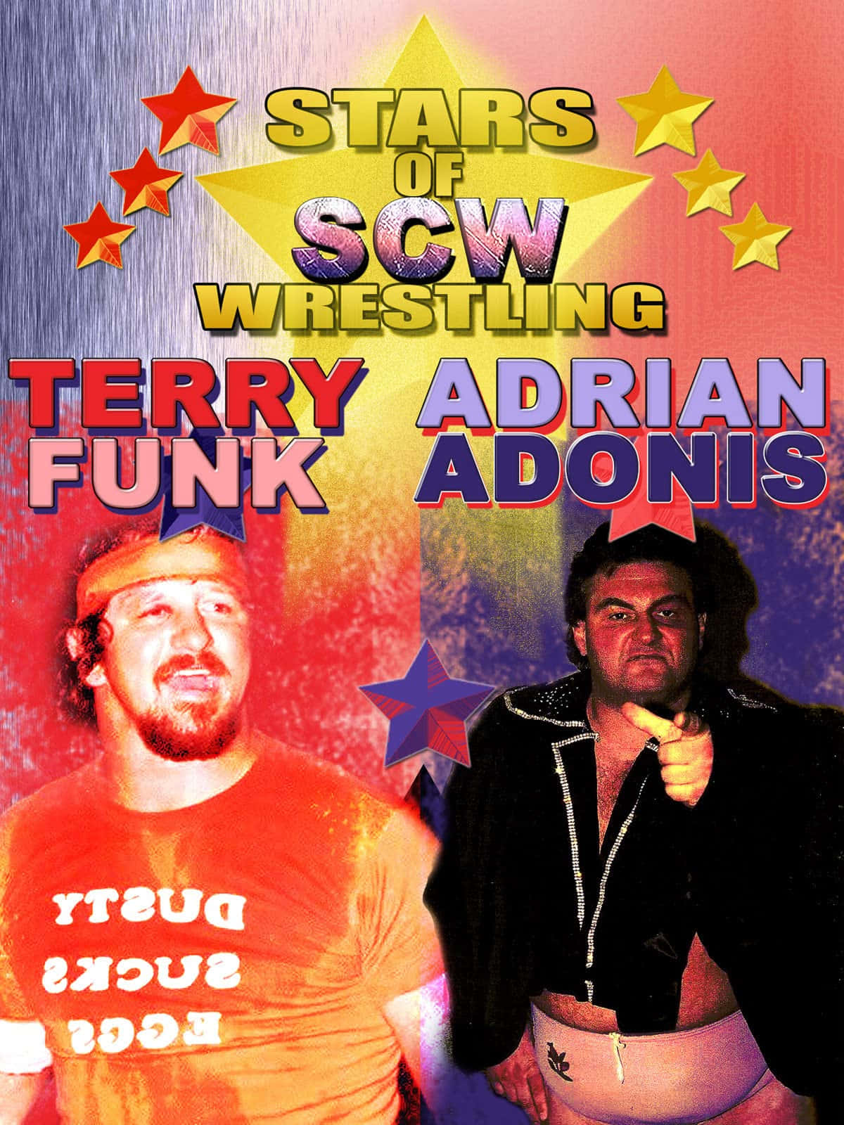 摔角 桌布 壁紙 — 兩位摔角手 Terry Funk 和 Adrian Adonis 在充滿活力的星空背景下擺姿勢，並以粗體文字宣告「Stars of SCW Wrestling」。