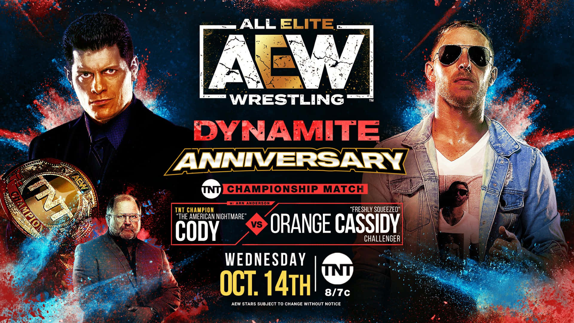 Aew 桌布 壁紙 — 兩位摔角手在宇宙背景下對決，附有AEW Dynamite Anniversary的冠軍頭銜和活動詳情。