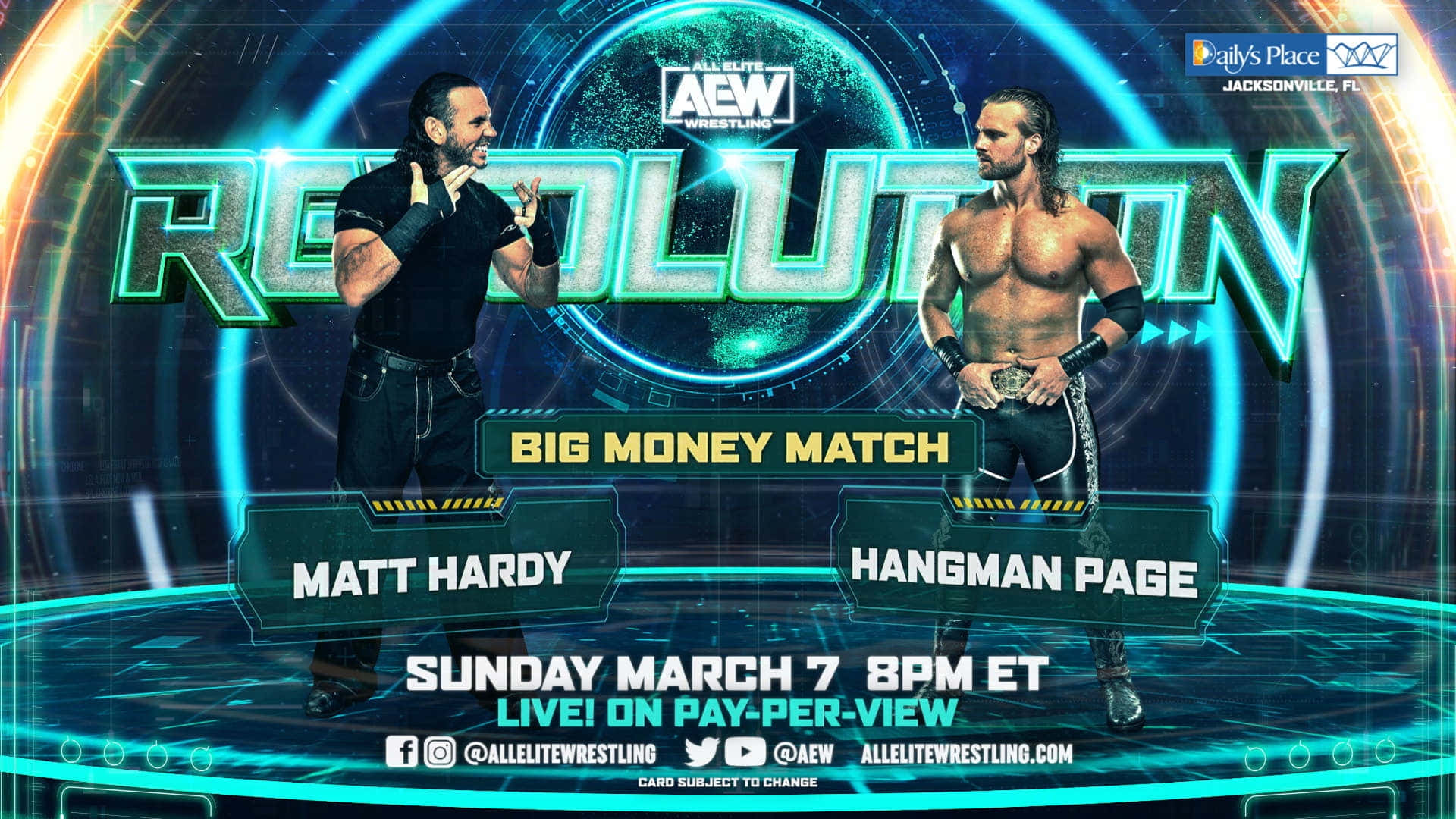 Aew 桌布 壁紙 — 兩位摔角手在發光的霓虹燈下對峙，AEW Revolution 活動海報。