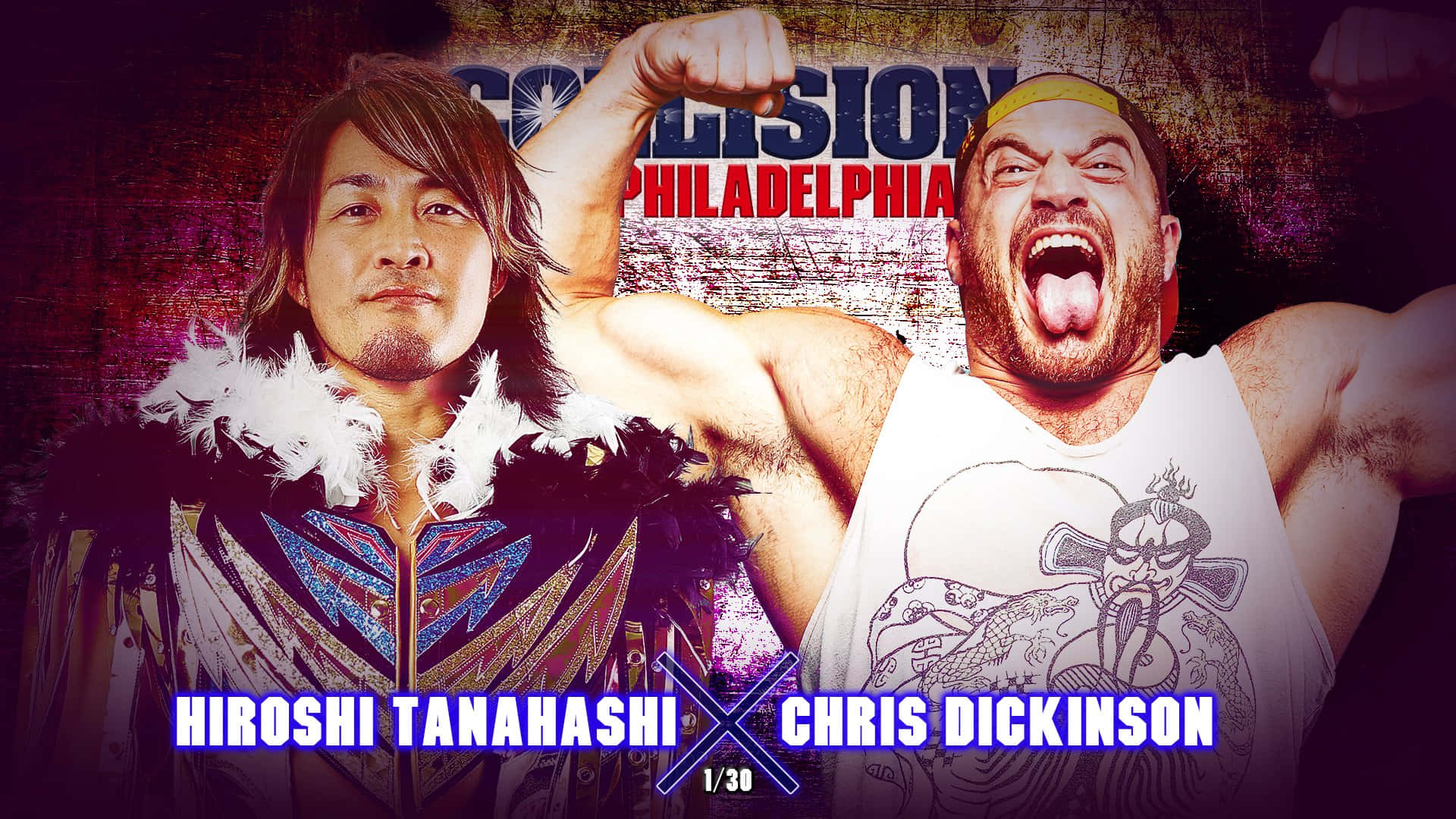 Aew 桌布 壁紙 — 兩位摔角明星 Hiroshi Tanahashi 和 Chris Dickinson 在 gritty 的 'Collision Philadelphia' 背景下兇猛擺姿勢。