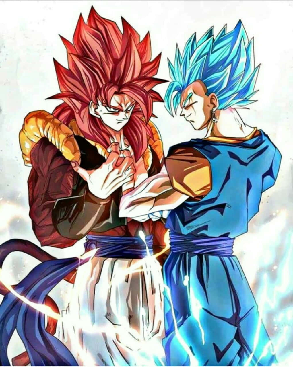 Gogeta And Vegito 桌布 壁紙 — 兩位擁有尖刺紅藍色頭髮的動漫戰士，在明亮的背景下進行一場發光的能量戰鬥。