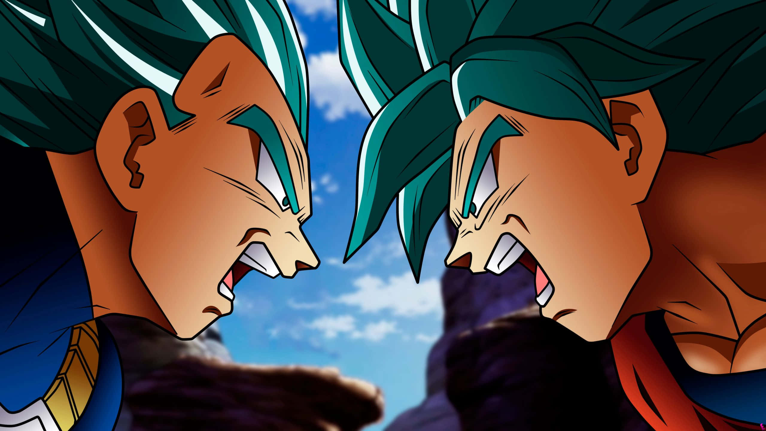 Goku And Vegeta 桌布 壁紙 — 兩位擁有尖刺青綠色頭髮的動漫戰士，在明亮的藍天下進行緊張的對決。