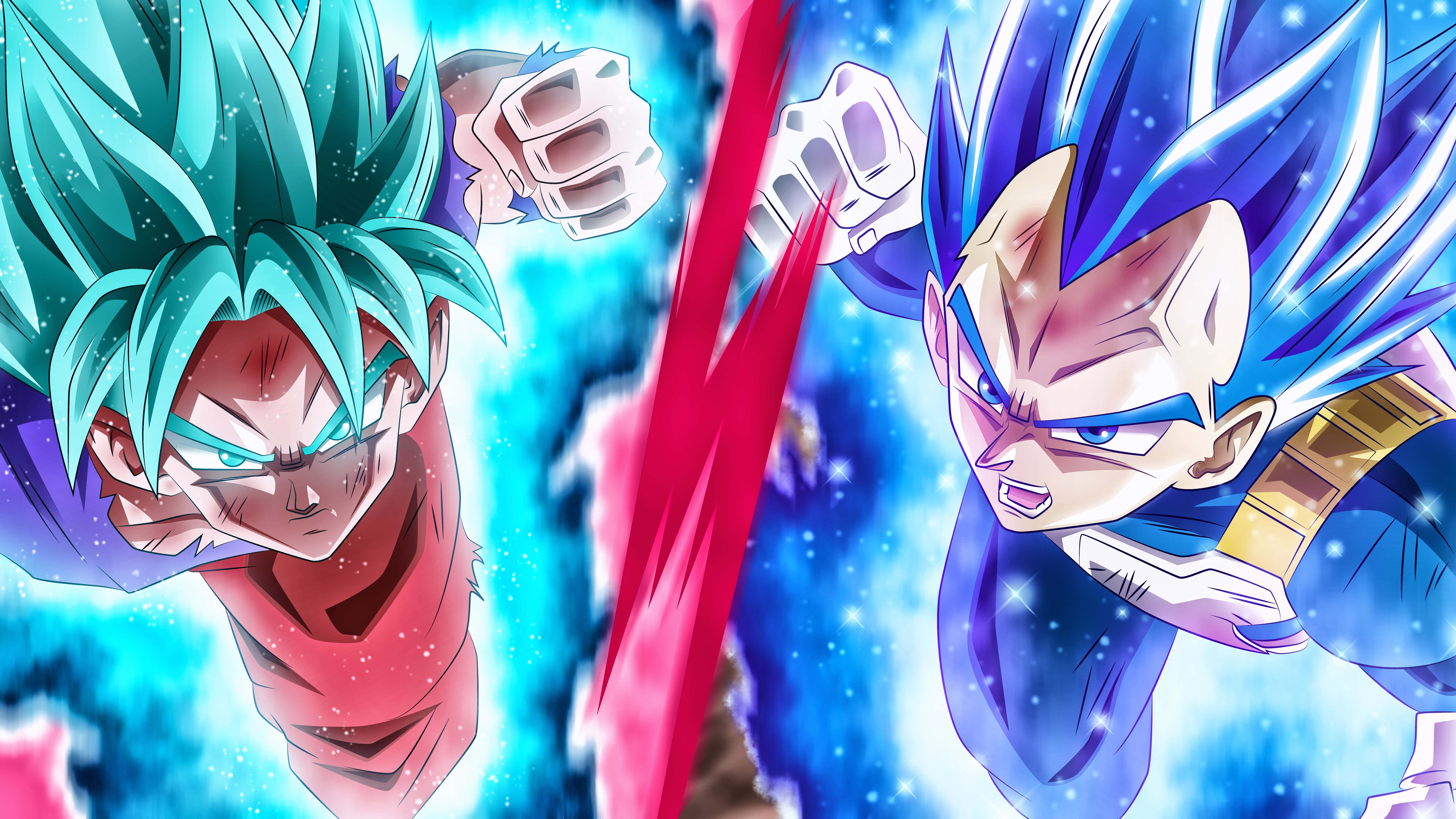 Goku And Vegeta 桌布 壁紙 — 兩位擁有尖刺頭髮的動漫戰士在宇宙戰鬥中碰撞，能量光束劃過星空。