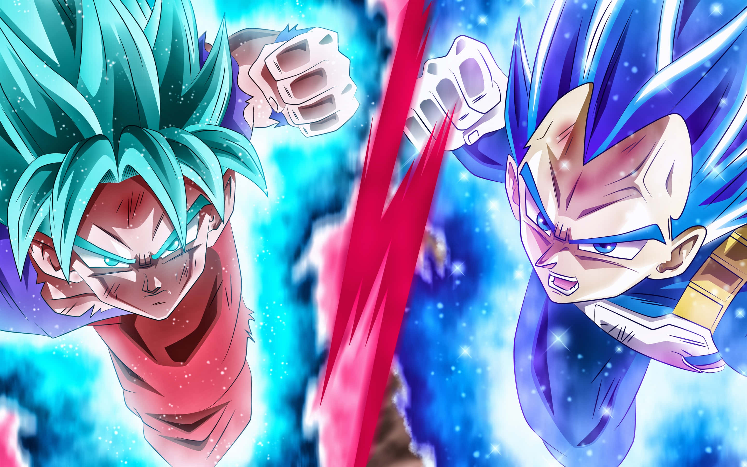Cool Vegeta 桌布 壁紙 — 兩位擁有尖刺頭髮的動漫戰士在宇宙戰鬥中，於發光能量和星空空間中拳頭相撞。