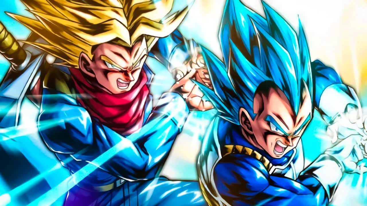 Vegeta Galick Gun 桌布 壁紙 — 兩位擁有尖刺頭髮的動漫戰士在發光的藍色能量爆發中碰撞，拳頭緊鎖，激烈交戰。