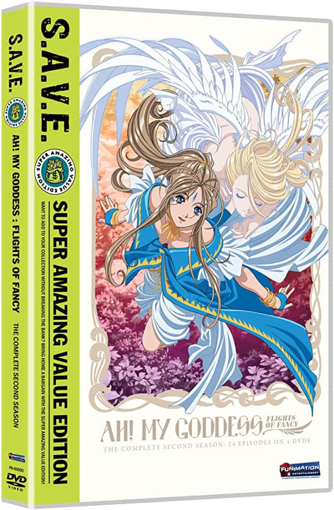 Ah My Goddess 桌布 壁紙 — 兩位擁有巨大白色翅膀的動漫女神，在溫暖的天空下優雅地翱翔於紫色花田之上。