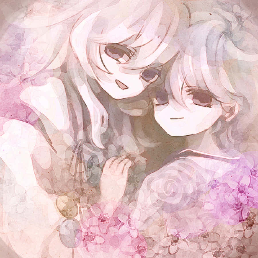 Hakudoshi 桌布 壁紙 — 兩位擁有淡色頭髮和柔和表情的動漫女孩在夢幻般的粉紅色花卉背景中擁抱。