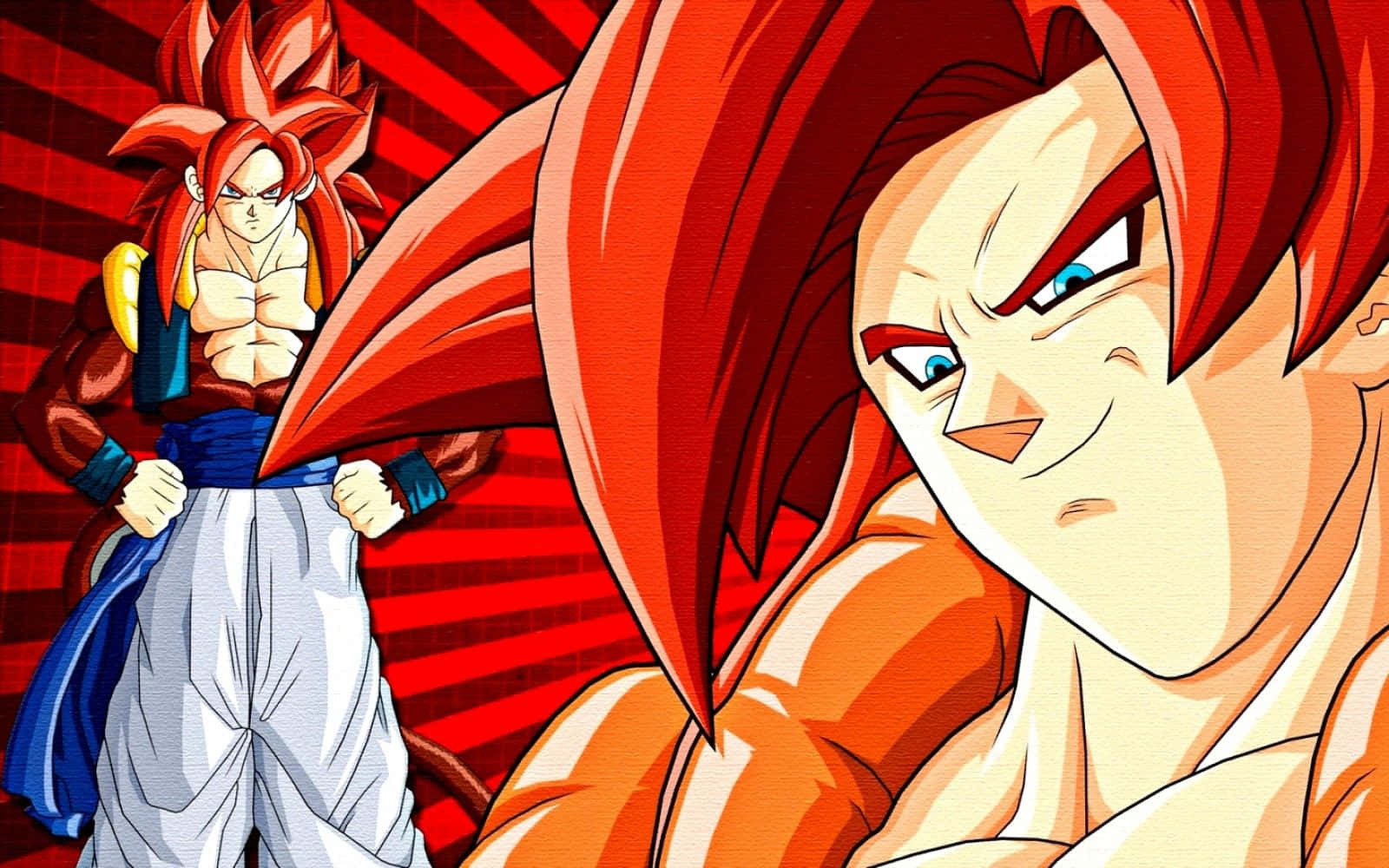 Goku Ssj4 桌布 壁紙 — 兩位擁有火紅頭髮和強烈表情的動漫戰士，站在大膽的紅色放射狀背景前。