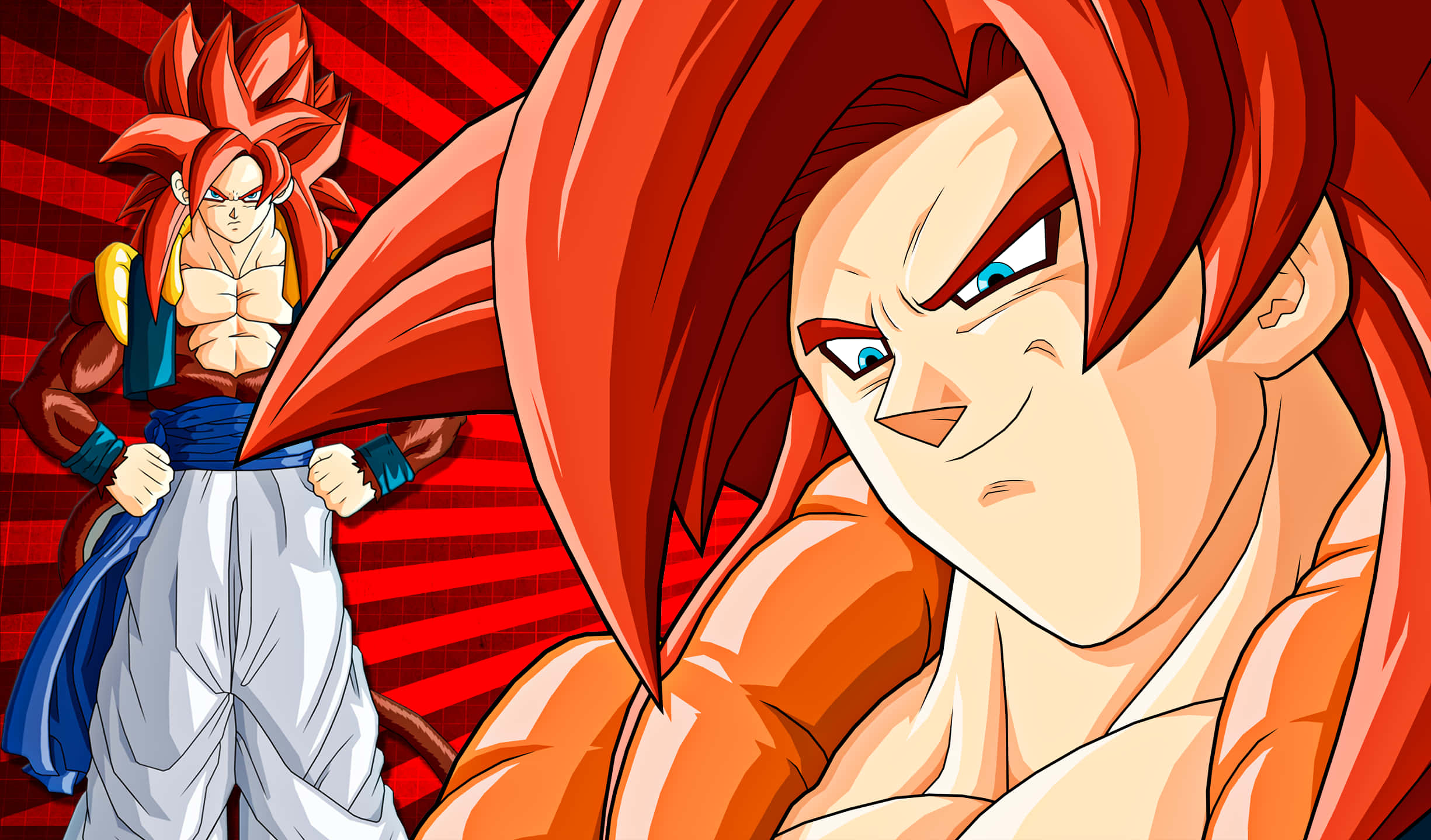 Goku Super Saiyan 4 桌布 壁紙 — 兩位擁有火紅頭髮和激烈表情的動漫戰士，站在大膽的紅色條紋背景前。