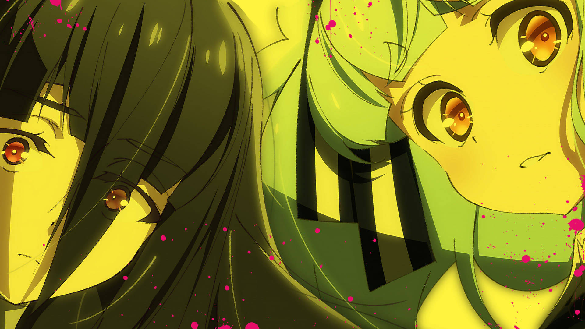 zombie land saga 桌布 壁紙 — 兩位擁有發光琥珀色眼睛和綠色頭髮的動漫女孩，在帶有粉紅色飛濺的黃色背景上凝視著。