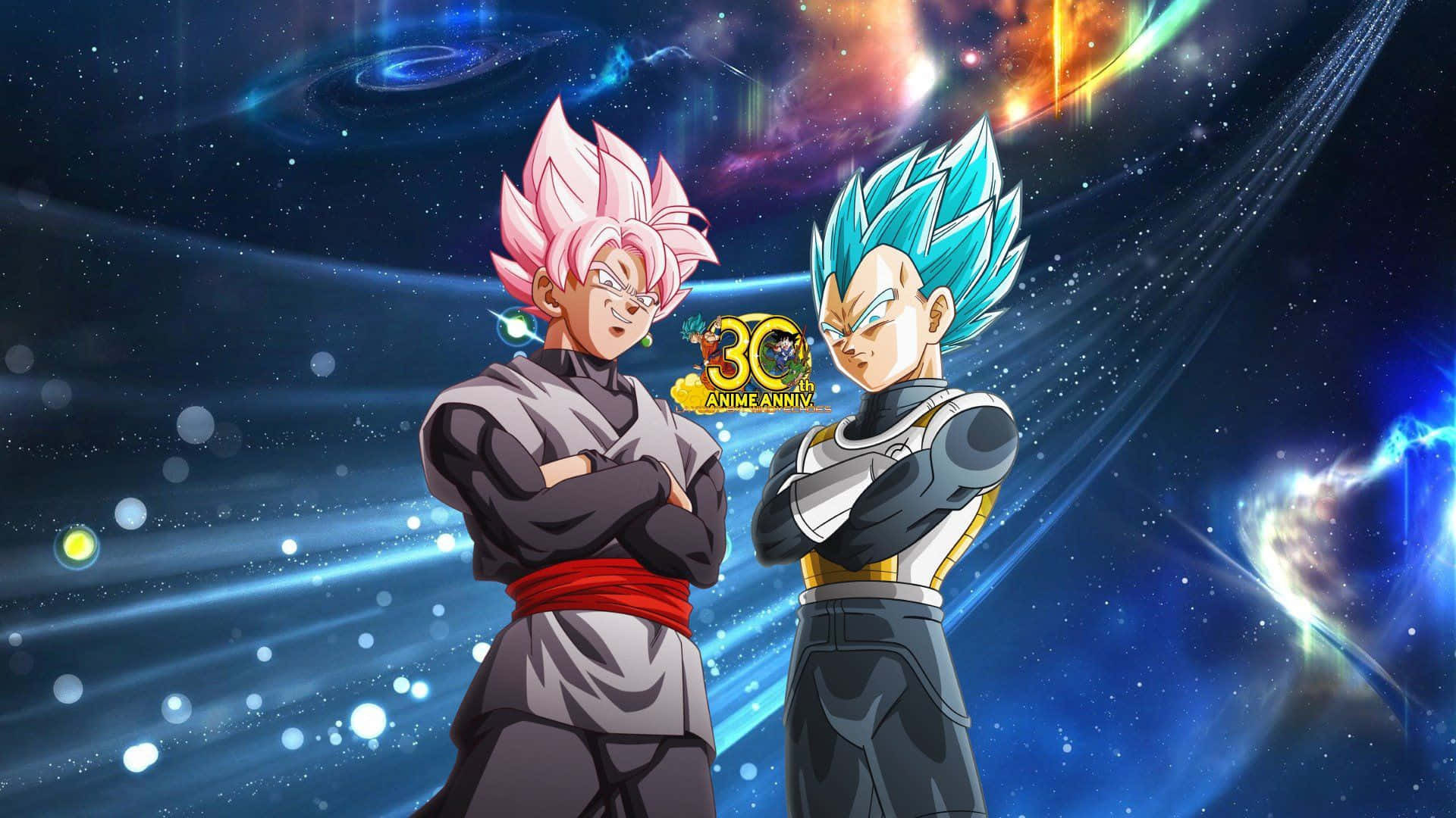 Vegeta And Goku 桌布 壁紙 — 兩位擁有粉紅色和藍色頭髮的動漫戰士自信地站在充滿星星和星雲的充滿活力的宇宙背景前。