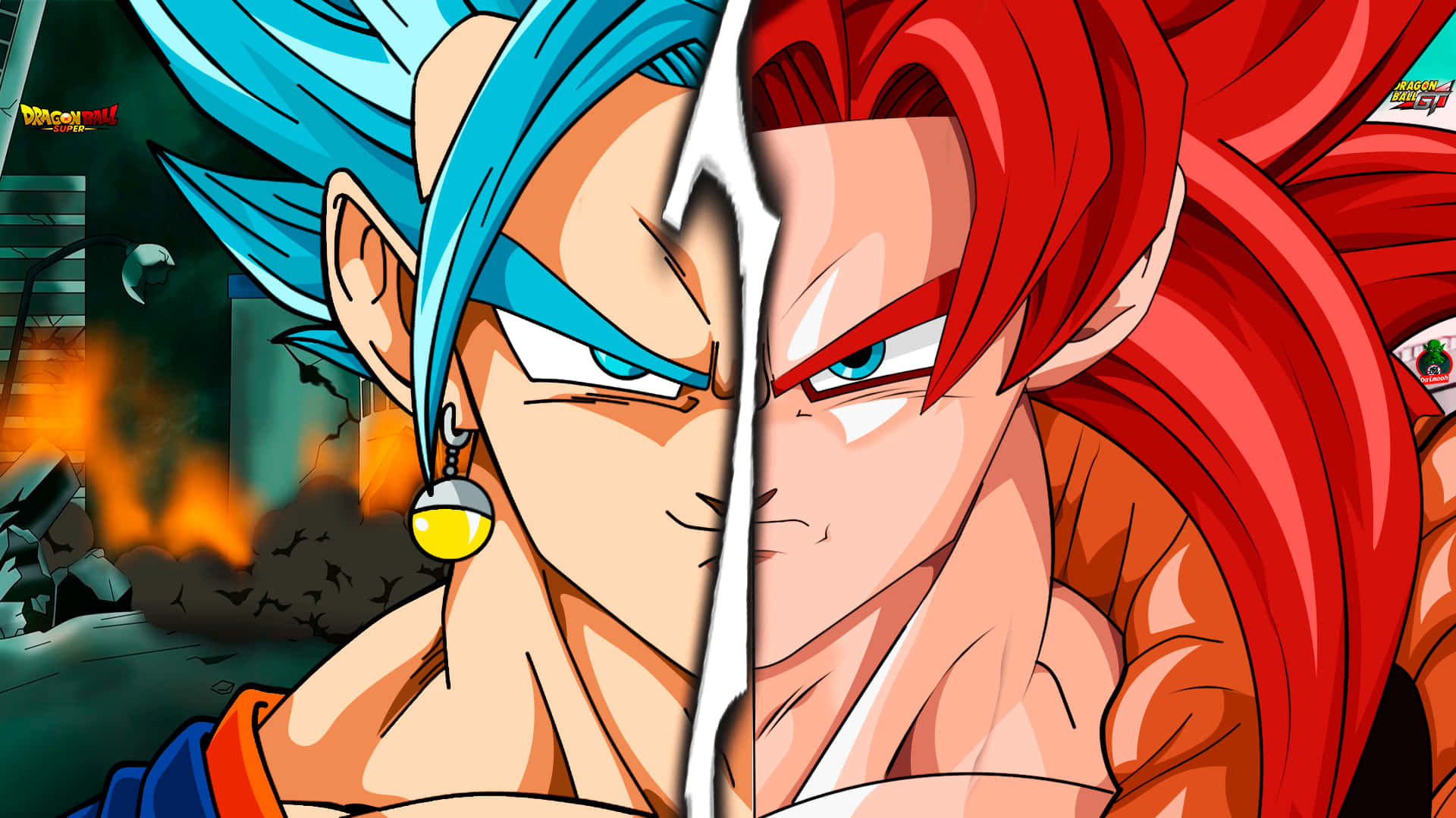 Gogeta And Vegito 桌布 壁紙 — 兩位擁有藍色和紅色頭髮的動漫戰士在分屏戰鬥場景中對峙，身後有熾熱的爆炸。