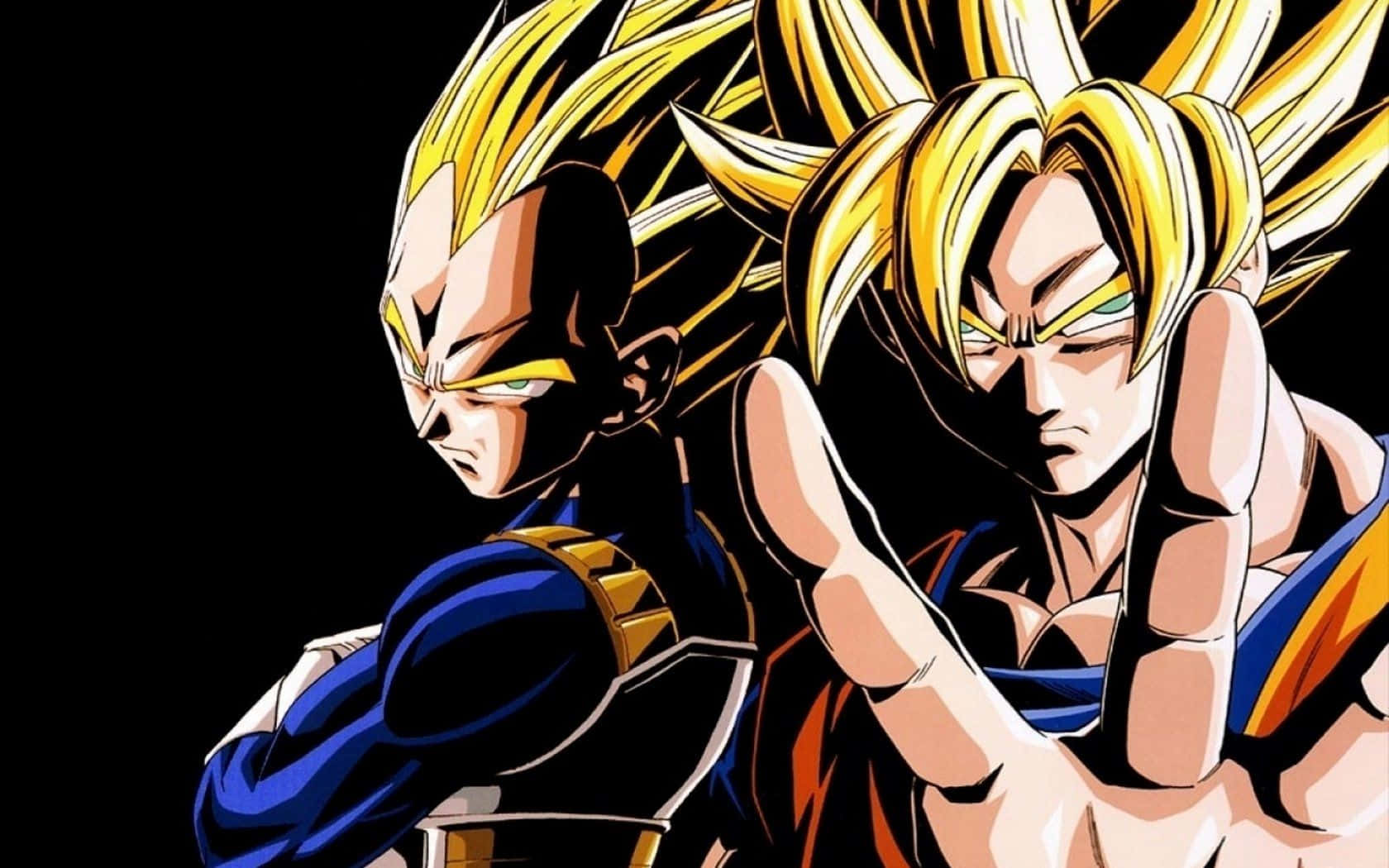 Goku And Vegeta 桌布 壁紙 — 兩位擁有金色尖刺頭髮的強大動漫戰士，在黑色背景下擺出激烈的戰鬥姿勢。