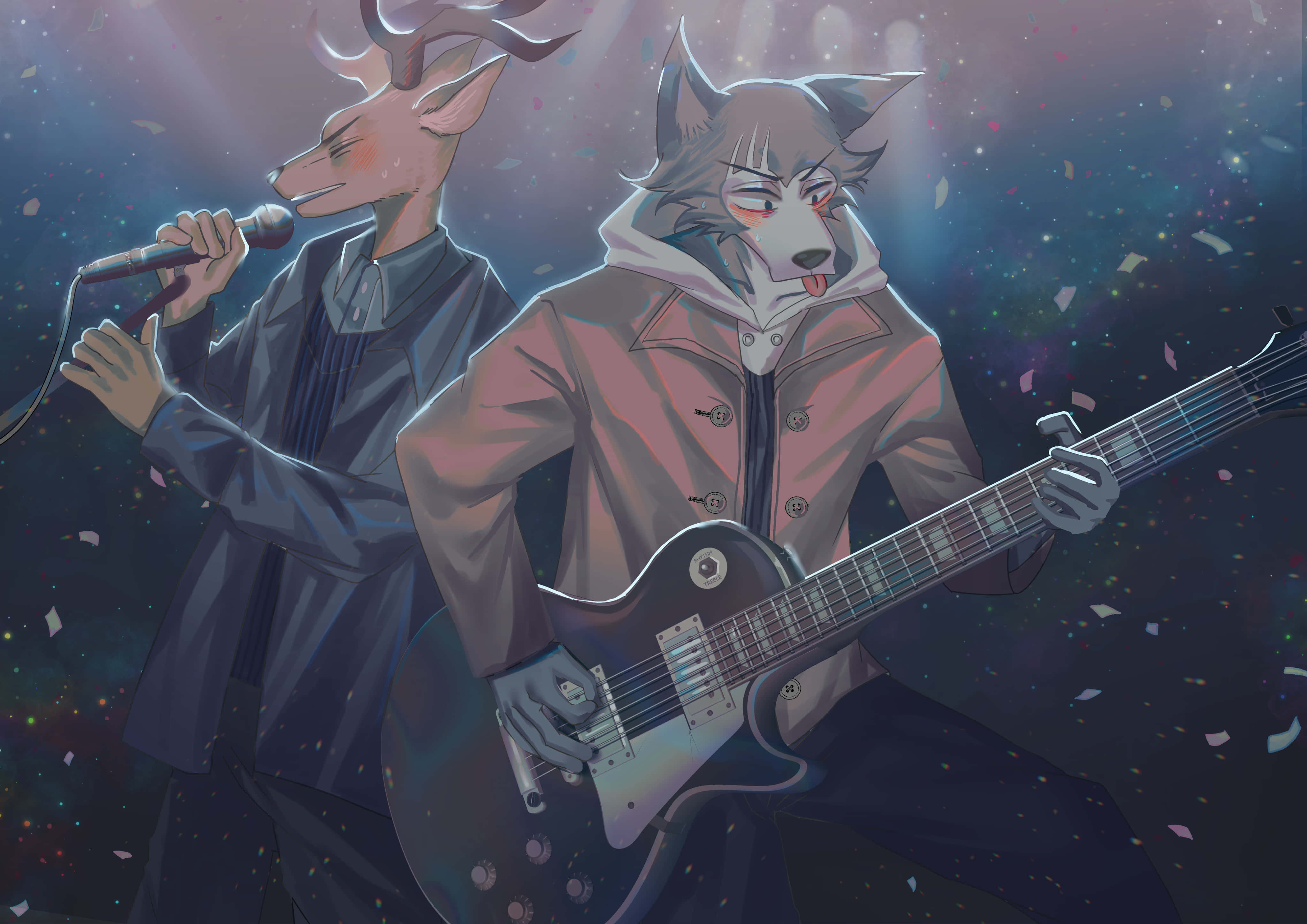 獸星 桌布 壁紙 — 兩位擬人化動物音樂家在星光下表演，周圍有五彩紙屑飄落。
