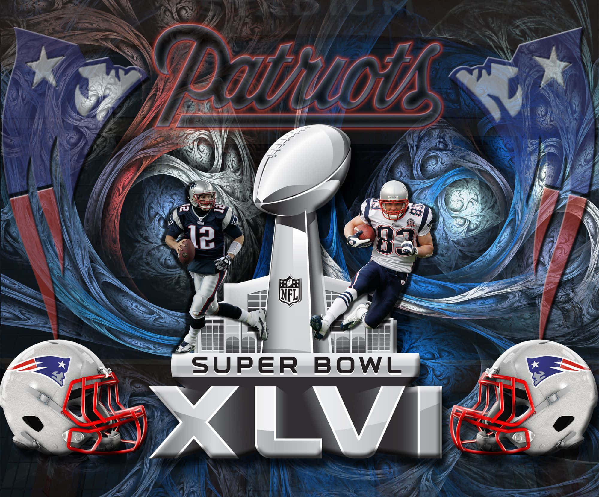 Patriots 桌布 壁紙 — 兩位新英格蘭愛國者隊美式足球員在旋轉的藍色、紅色和銀色抽象背景前，簇擁著超級碗獎盃。