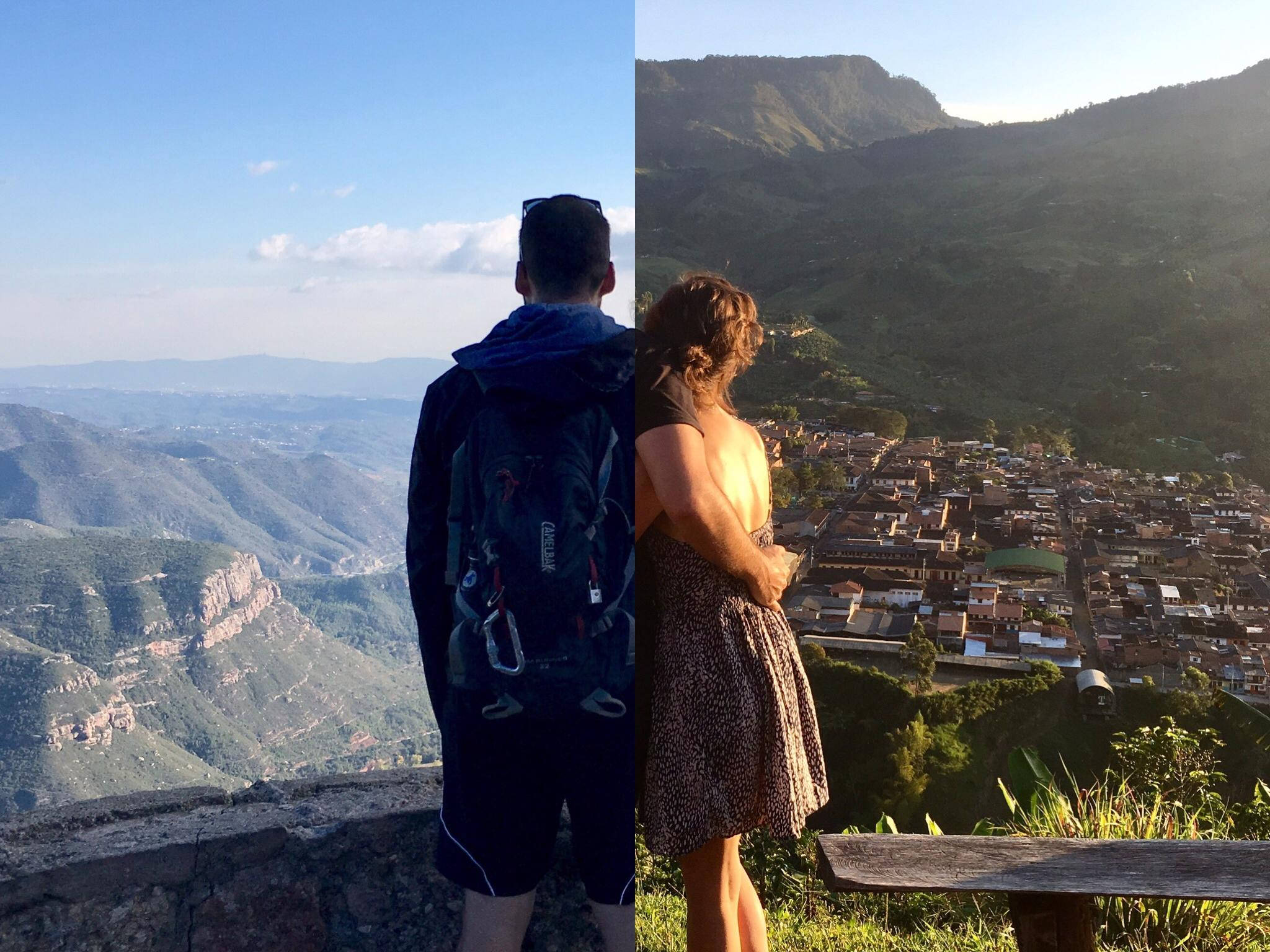Relationship 桌布 壁紙 — 兩位旅客背對背站在懸崖上，俯瞰廣闊的綠色山脈和下方陽光普照的山丘小鎮。