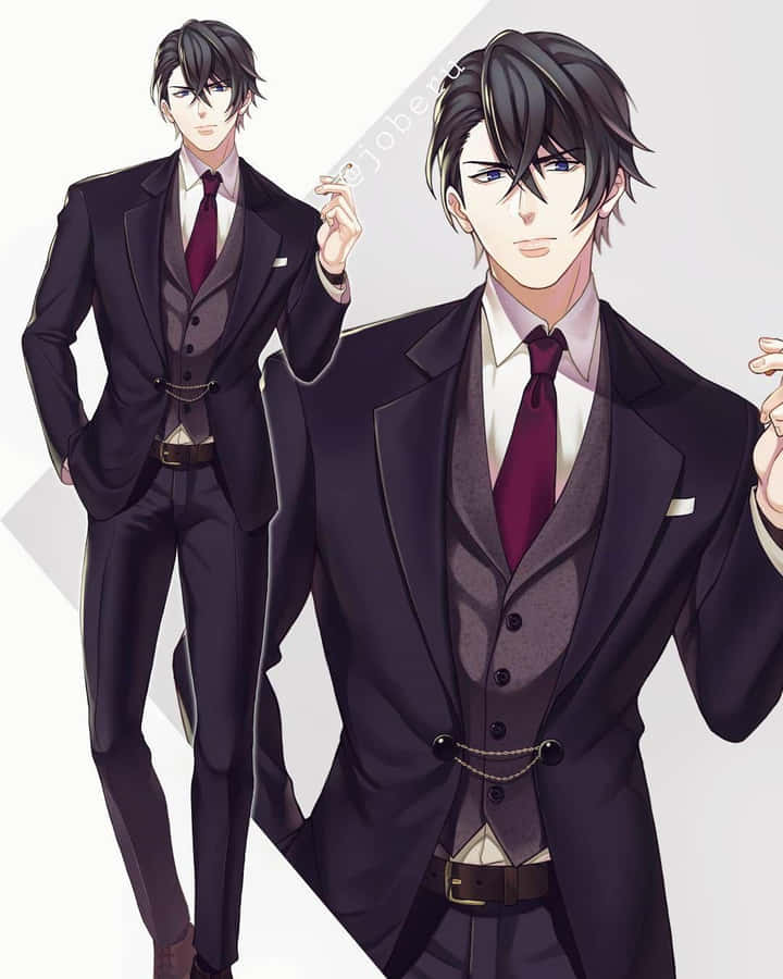 Gay Anime 桌布 壁紙 — 兩位時尚動漫男士身穿深色西裝配棗紅色領帶，在簡約白色背景前自信擺姿勢。