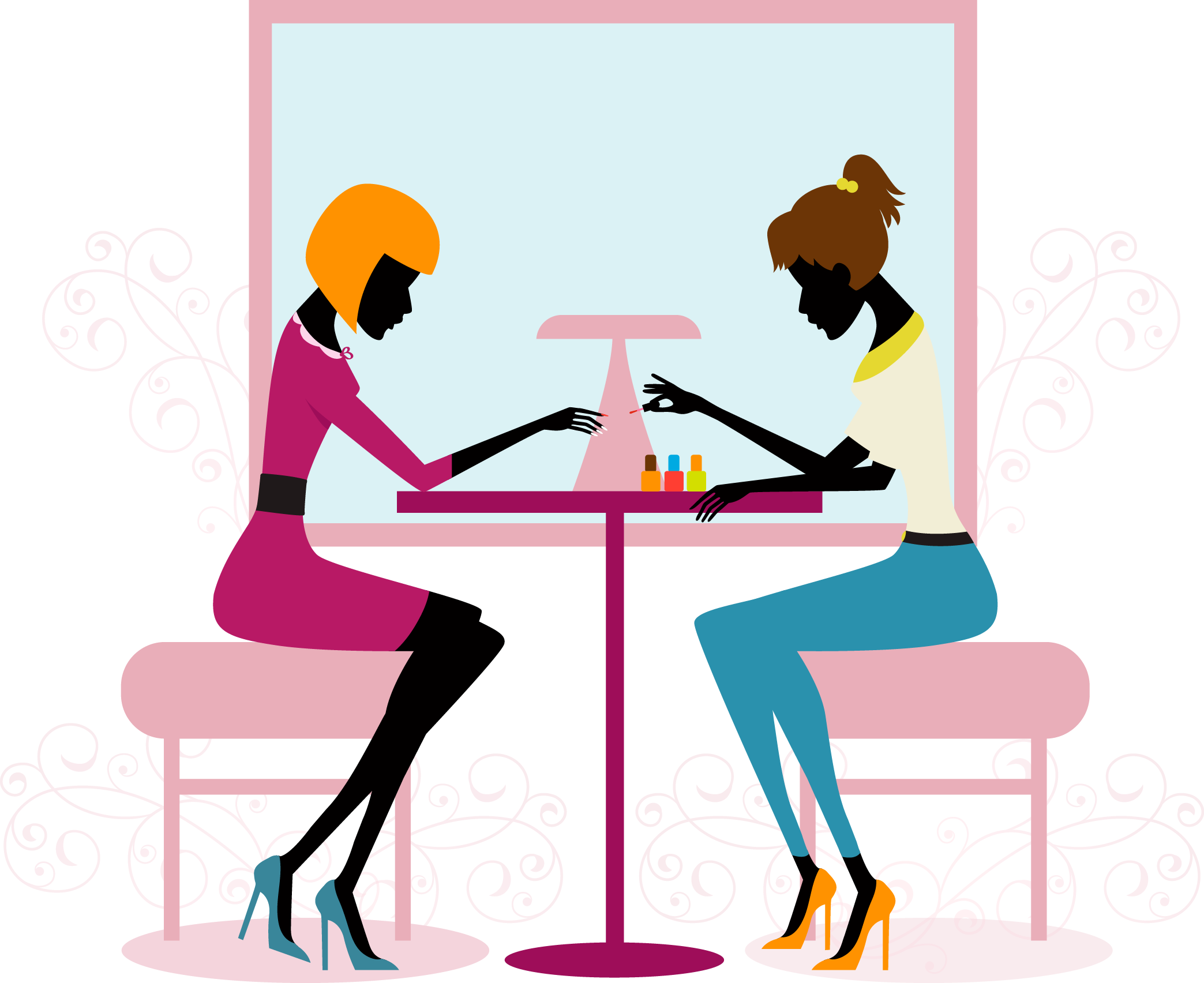 Beauty Parlour 桌布 壁紙 — 兩位時尚女性在沙龍中，在裝飾性漩渦下的粉紅色桌子上，用色彩繽紛的指甲油瓶進行美甲。