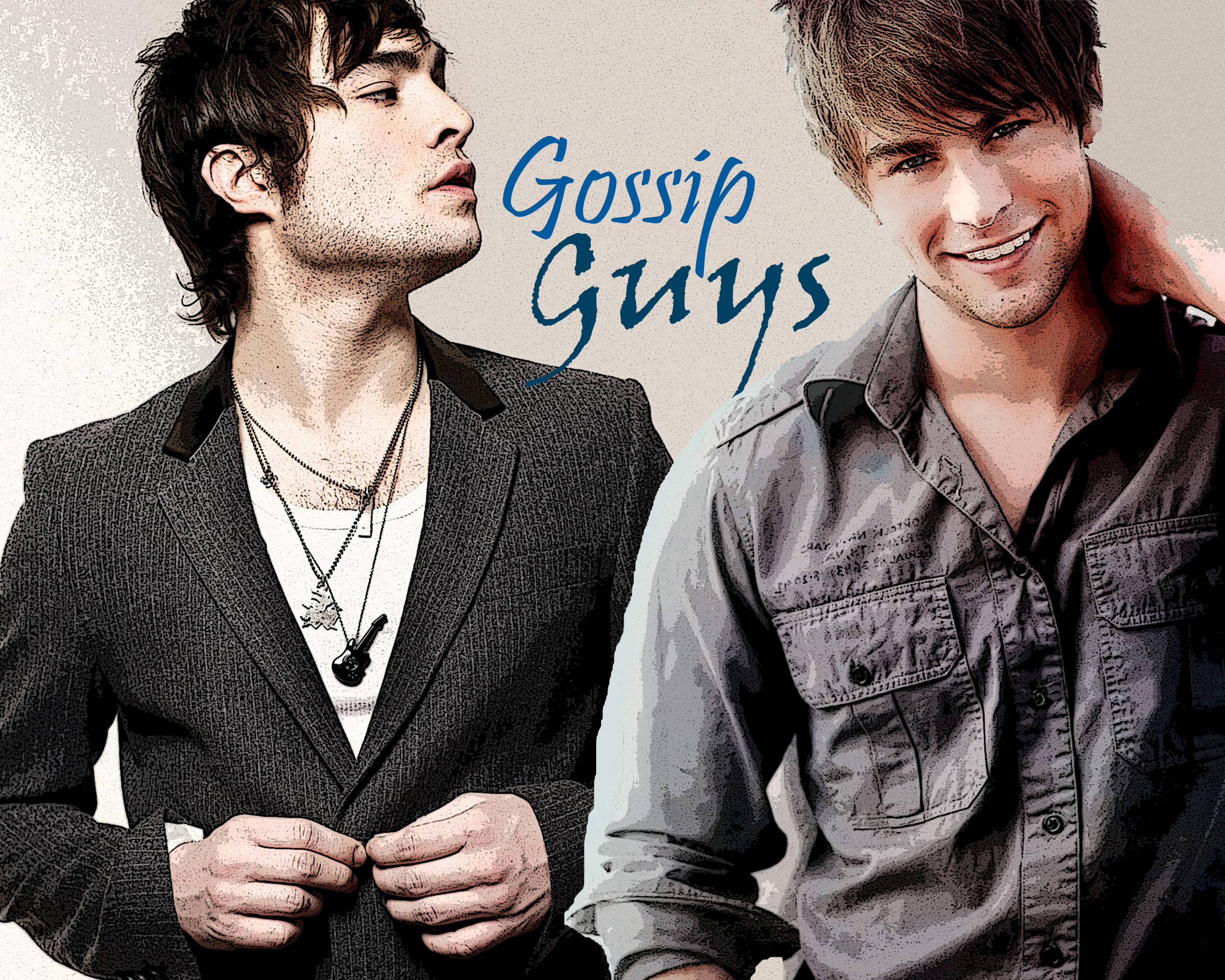Gossip 桌布 壁紙 — 兩位時尚年輕男士在紋理背景前自信擺姿勢，並帶有藍色字體 'Gossip Guys'。