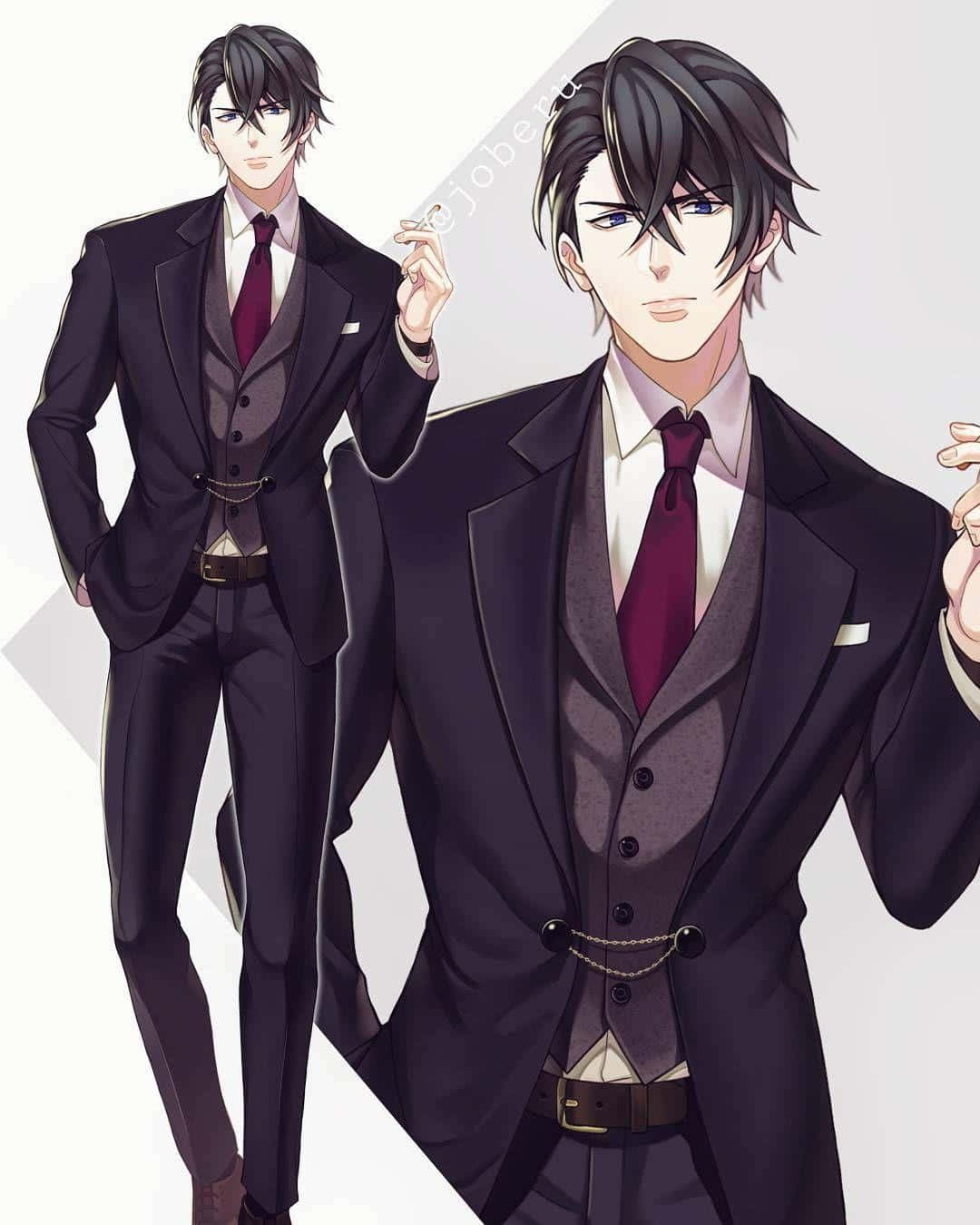 Gay Anime 桌布 壁紙 — 兩位時尚的動漫男士身穿深色西裝配棗紅色領帶，在簡約的白色背景前自信地擺姿勢。