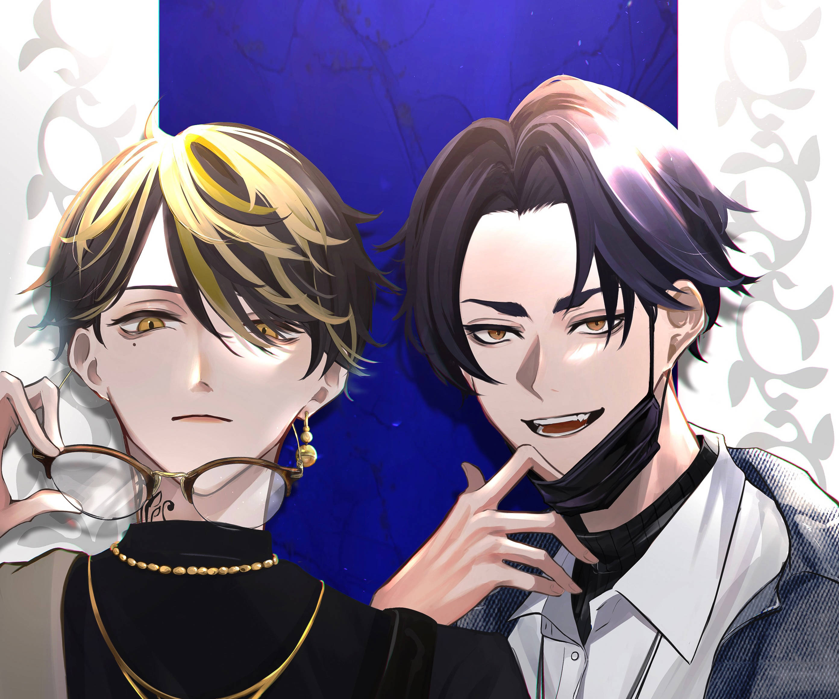 kazutora hanemiya 桌布 壁紙 — 兩位時尚的動漫男子，金色眼睛，在深藍色和白色華麗背景前自信地擺姿勢。