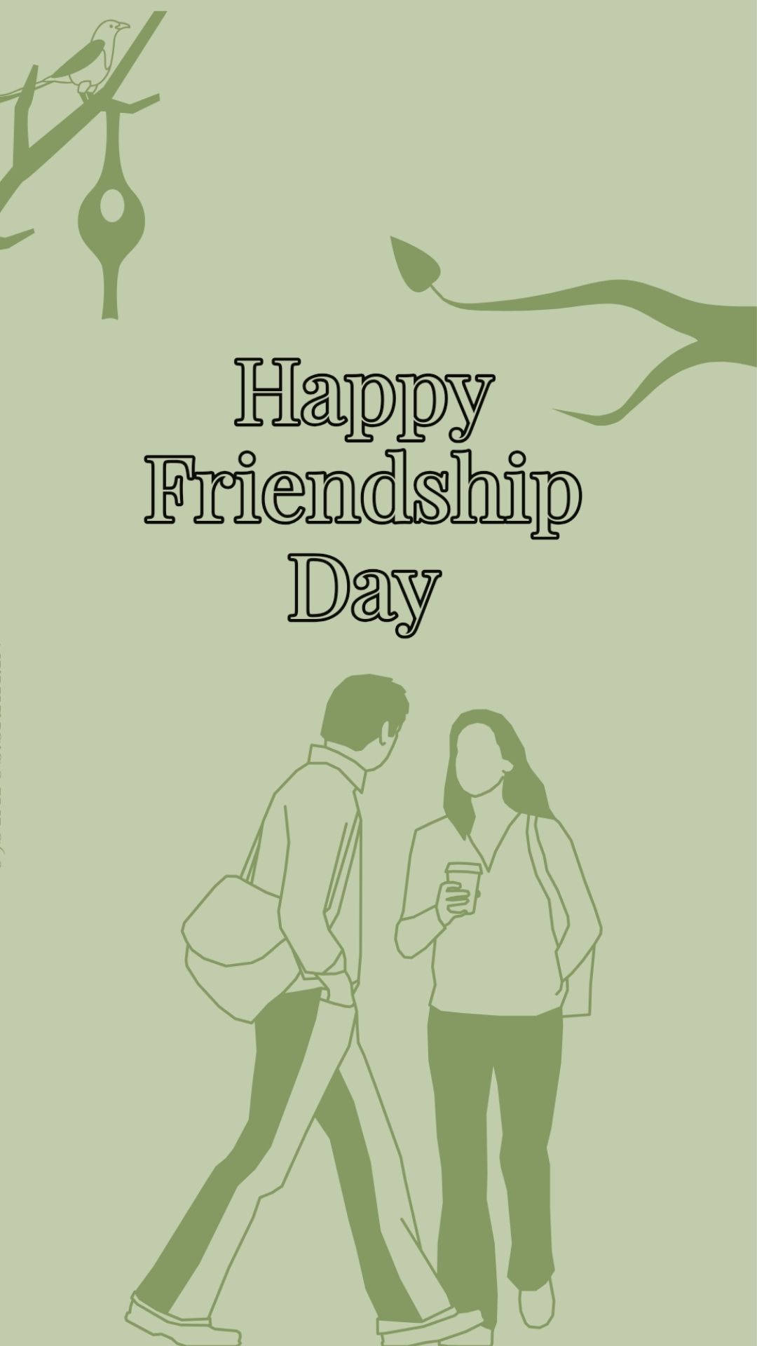 Friendship Day 桌布 壁紙 — 兩位朋友在風格化的樹枝下漫步，手持飲料，以柔和的綠色色調慶祝友誼日。