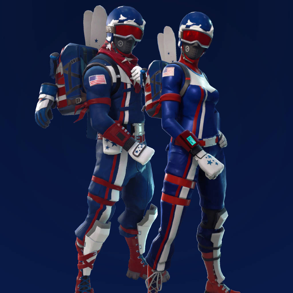 Fortnite 造型 桌布 壁紙 — 兩位未來太空人身穿愛國藍、紅、白色太空服，在深藍色背景上並肩站立。