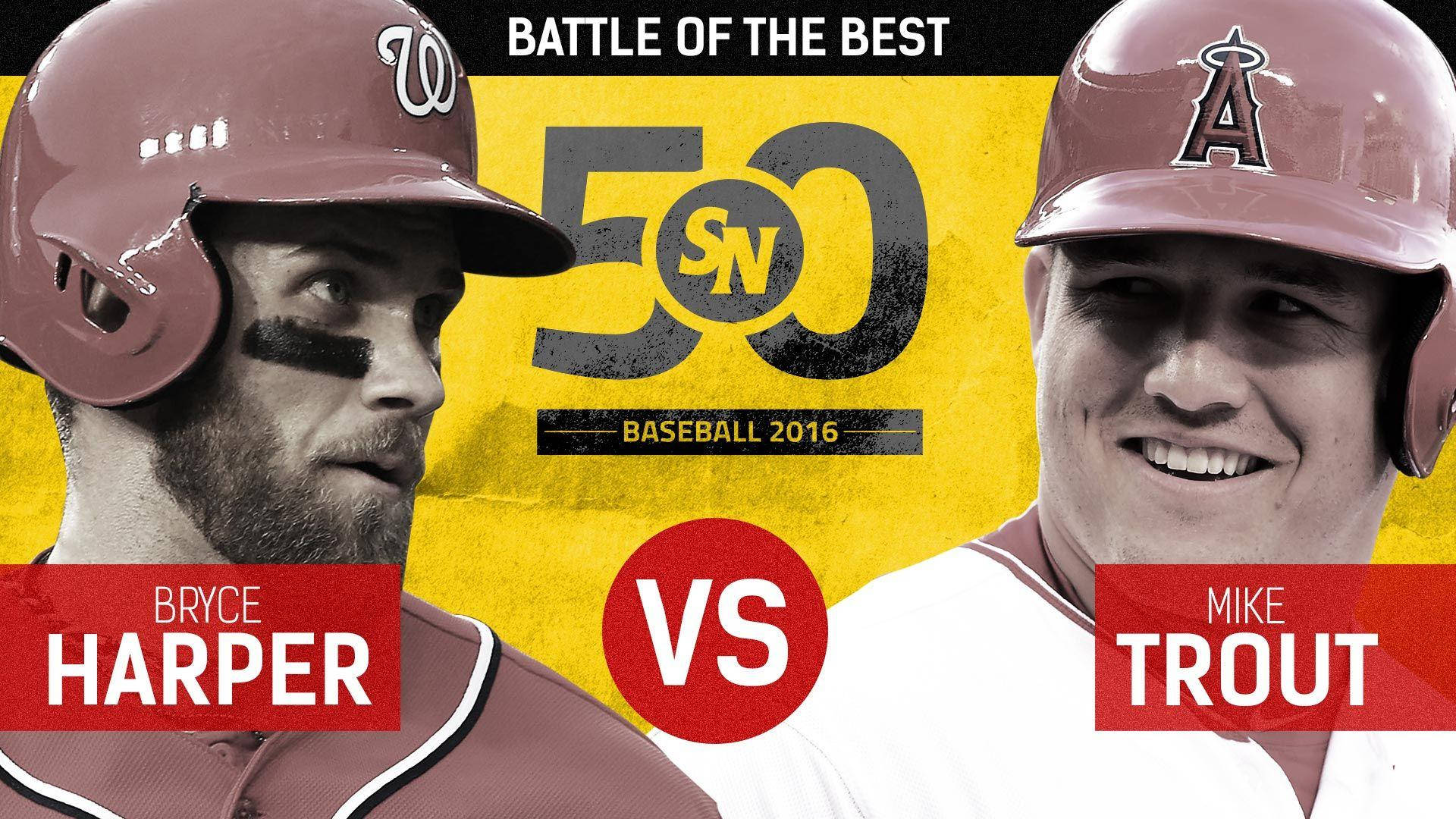 Mike Trout 桌布 壁紙 — 兩位棒球明星 Bryce Harper 和 Mike Trout 在 2016 年的一張大膽對決海報中正面交鋒，背景為鮮黃色並帶有紅色點綴。