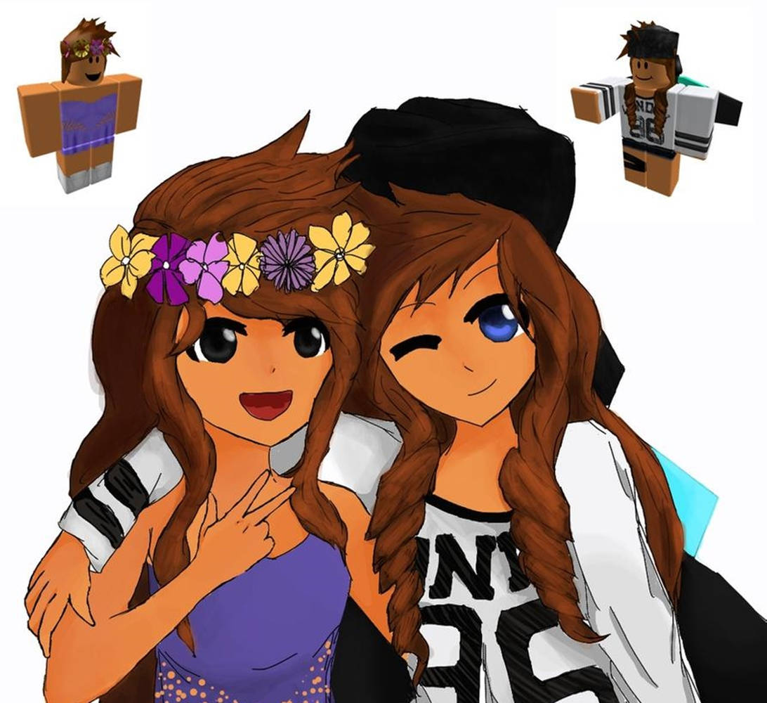 Roblox 桌布 壁紙 — 兩位棕色頭髮、戴著花冠的動漫女孩在白色背景前溫暖微笑並擁抱，附近有Roblox虛擬角色漂浮。