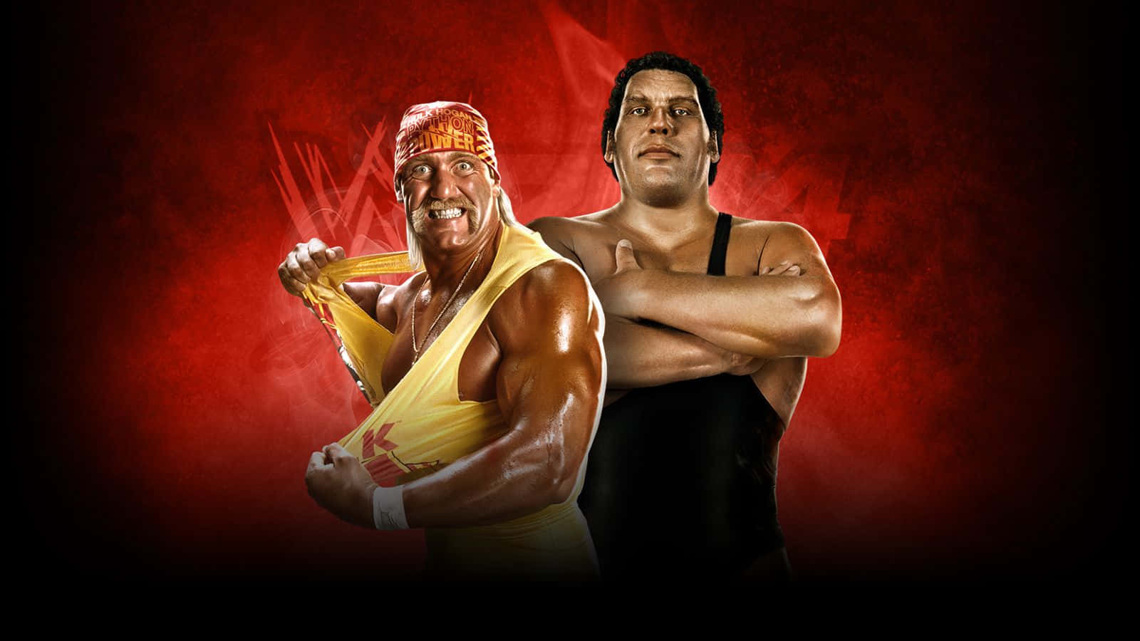 Andre The Giant 桌布 壁紙 — 兩位標誌性摔角手 Hulk Hogan 和 André the Giant 在火紅背景和戲劇性燈光下自信地擺姿勢。