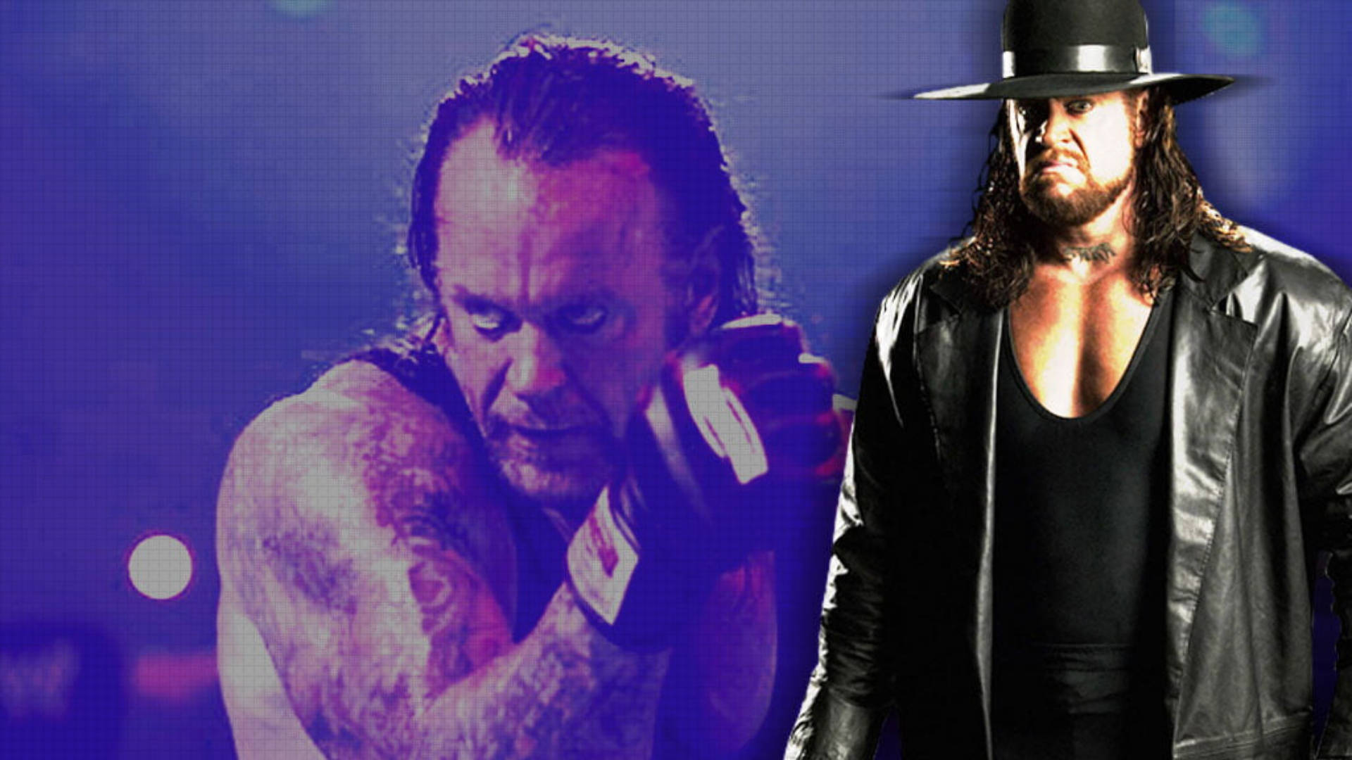 Undertaker 桌布 壁紙 — 兩位標誌性的WWE摔角手The Undertaker和Kane在發光的紫色背景和強烈燈光下戲劇性地擺姿勢。