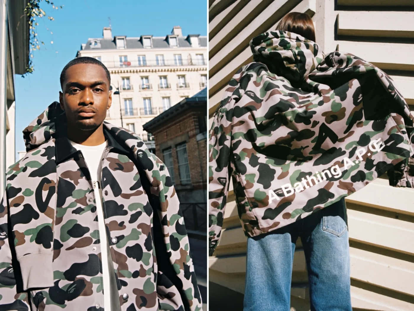 Bape 動態 桌布 壁紙 — 兩位模特兒在巴黎建築背景下，於明亮日光中展示帶有醒目標誌的迷彩外套。