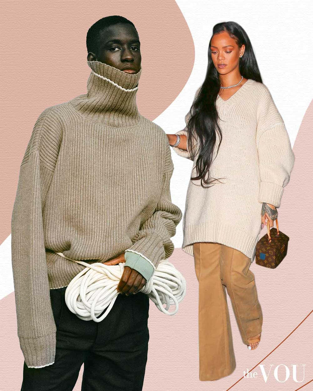 Minimalist Fashion 桌布 壁紙 — 兩位模特兒穿著超大針織毛衣，在柔和的粉紅色和白色抽象背景前擺姿勢。