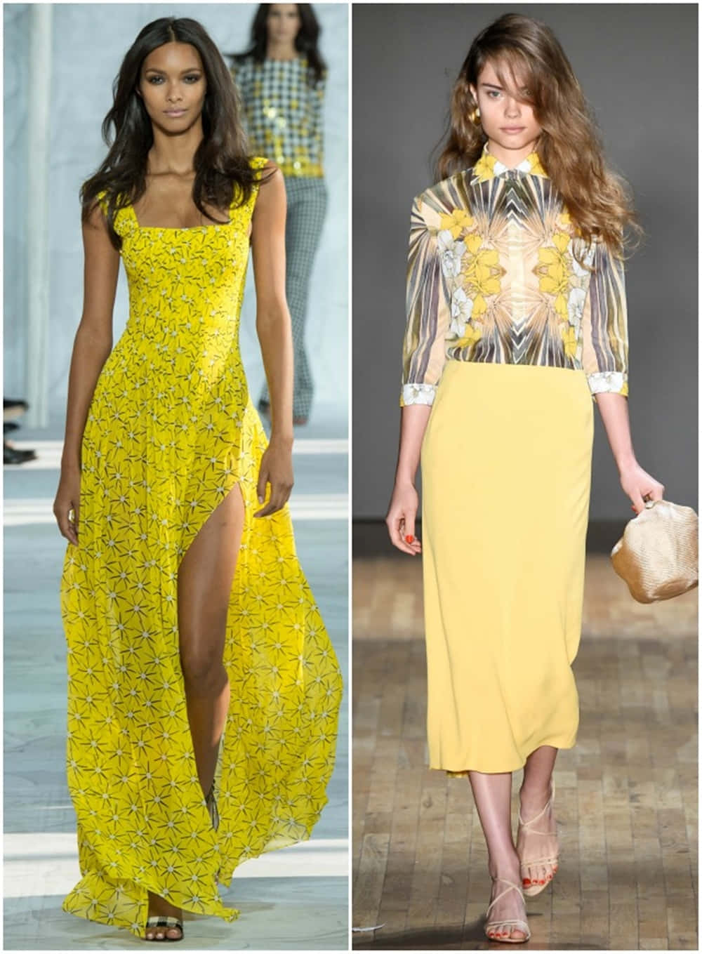 Yellow Fashion 桌布 壁紙 — 兩位模特兒穿著鮮黃色服裝走秀，一位身穿星星圖案高衩長裙，另一位身穿花卉上衣和純色裙子。